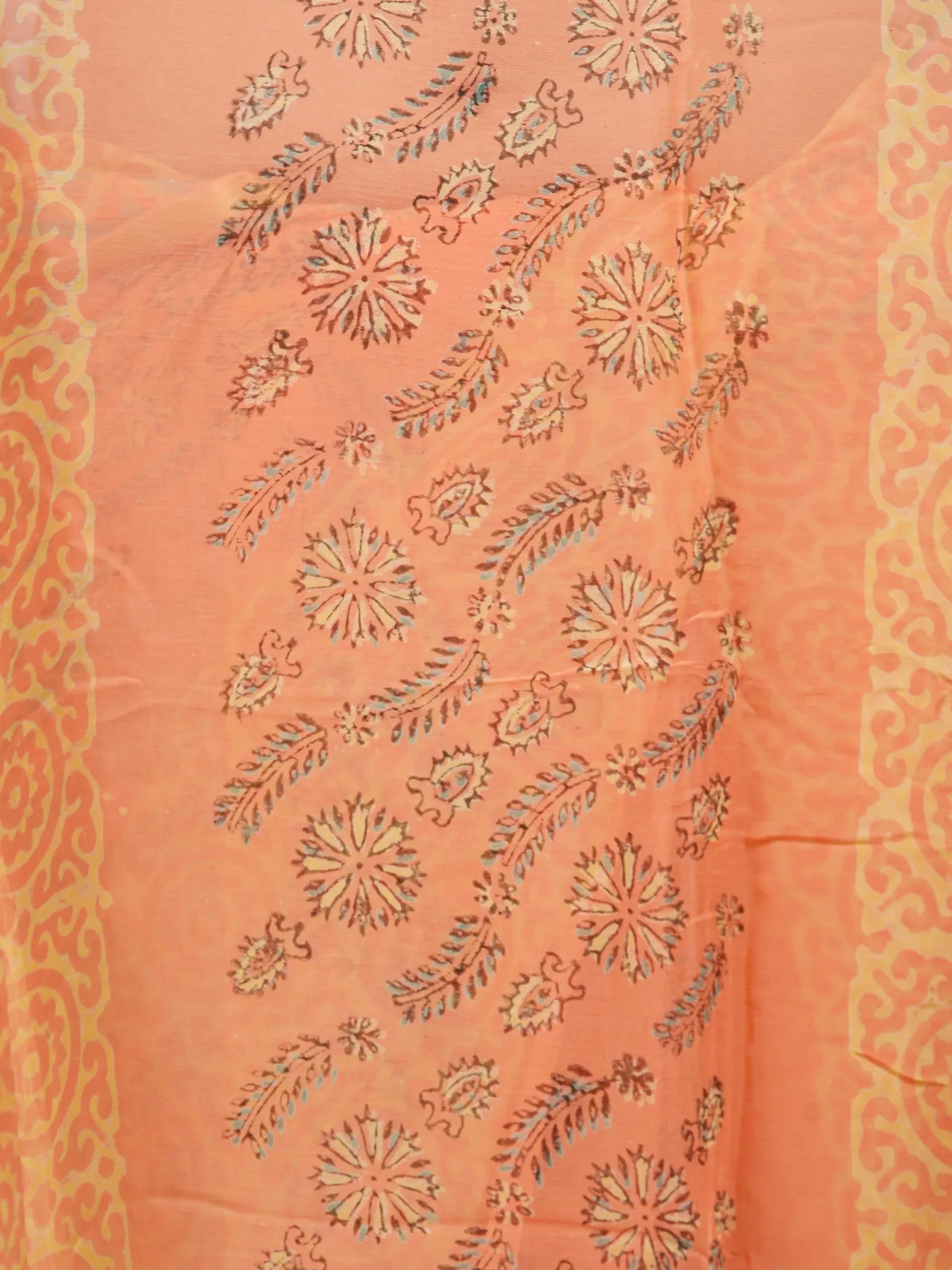 Peach Yellow Hand Block Printed Chiffon Saree with Zari Border - S031703255