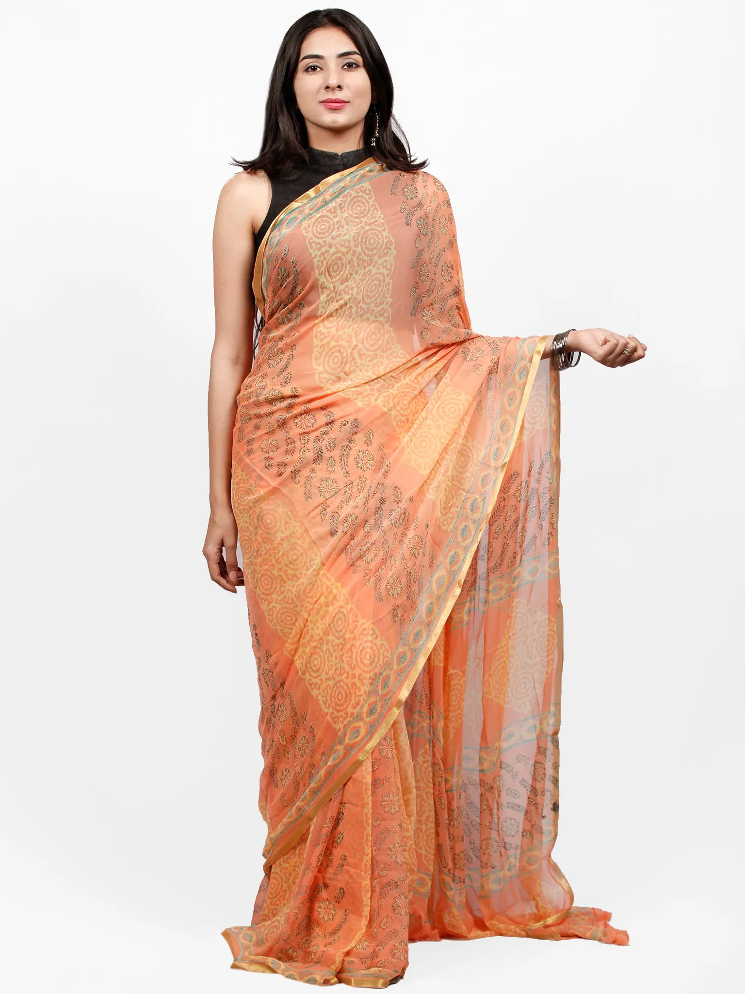 Peach Yellow Hand Block Printed Chiffon Saree with Zari Border - S031703255