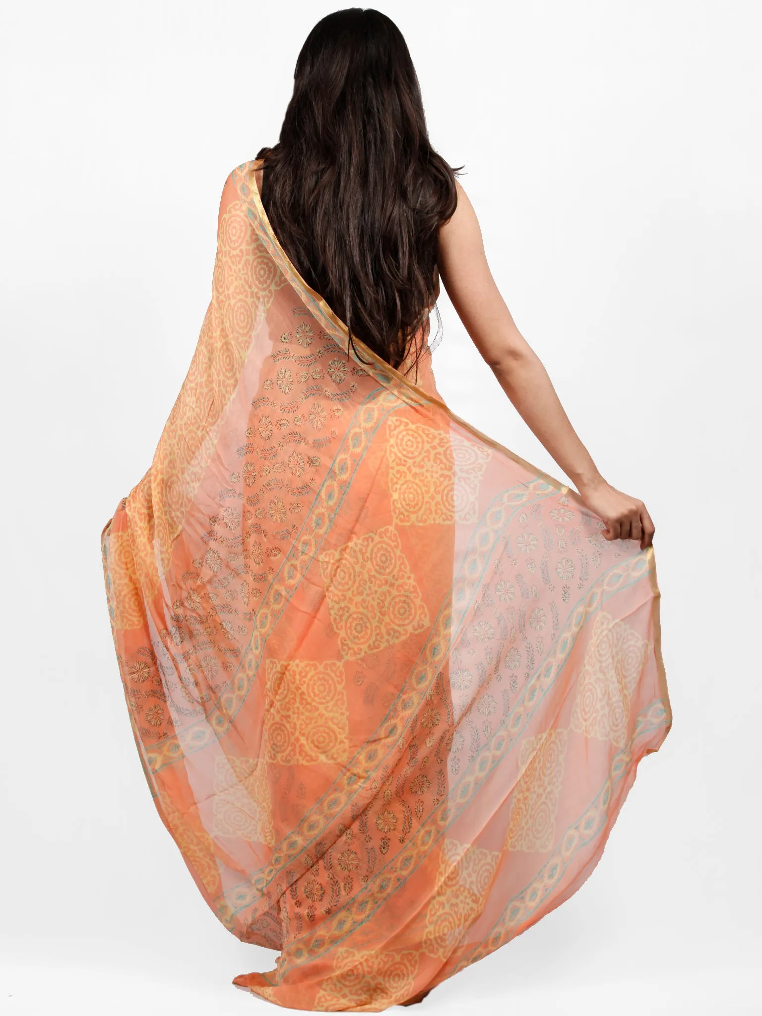 Peach Yellow Hand Block Printed Chiffon Saree with Zari Border - S031703255