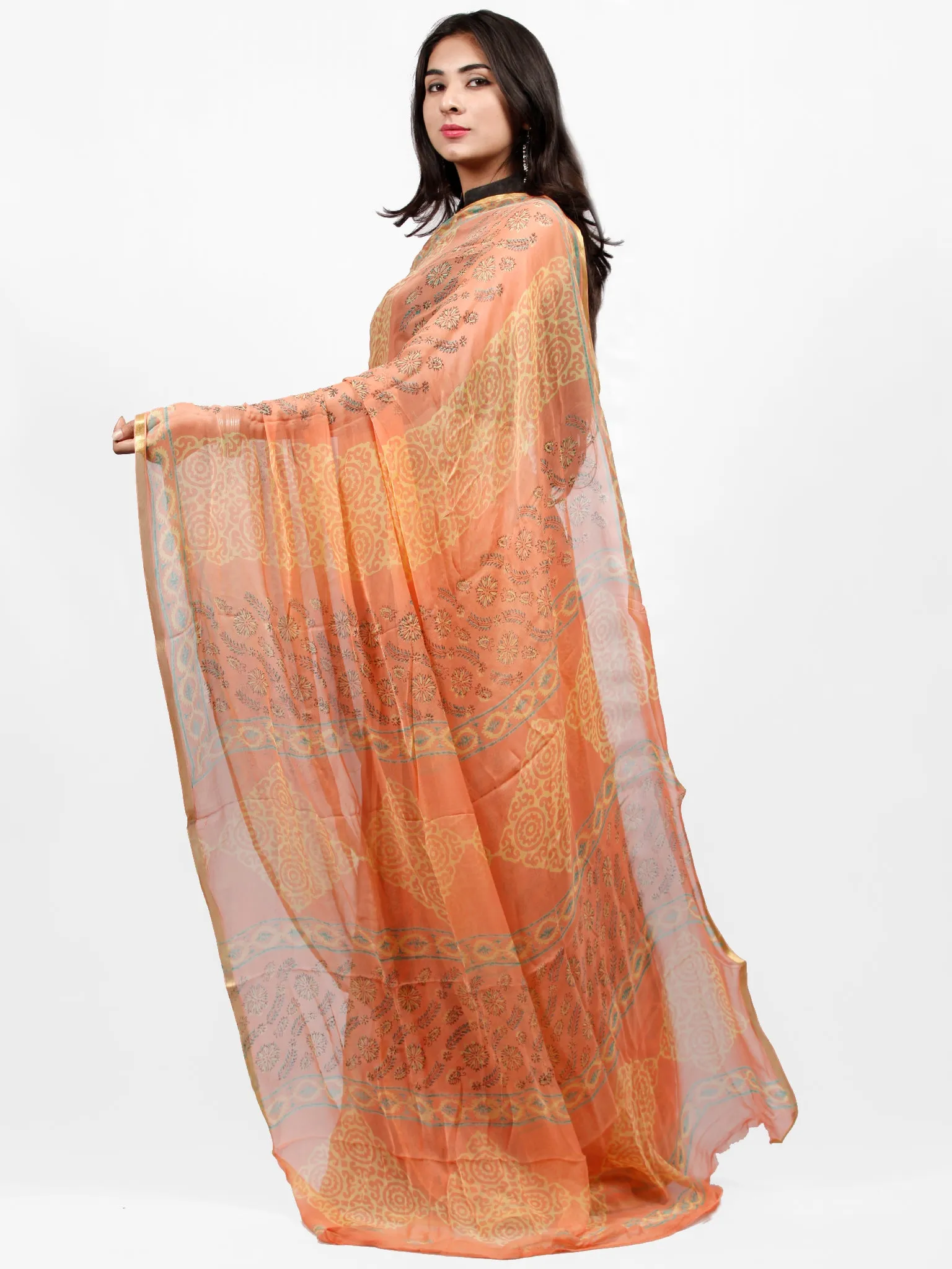 Peach Yellow Hand Block Printed Chiffon Saree with Zari Border - S031703255