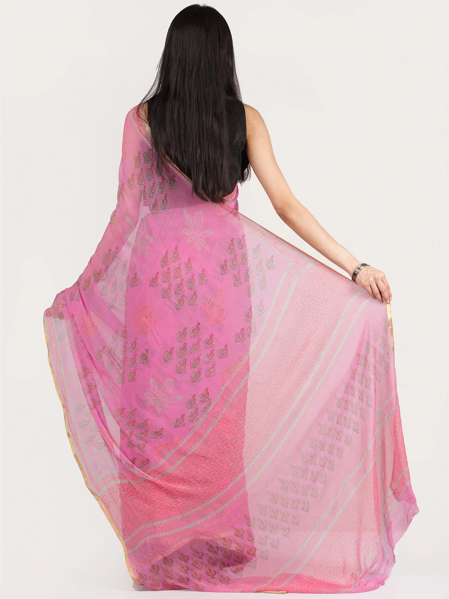 Pink Green Hand Block Printed Chiffon Saree With Zari Border - S031704700