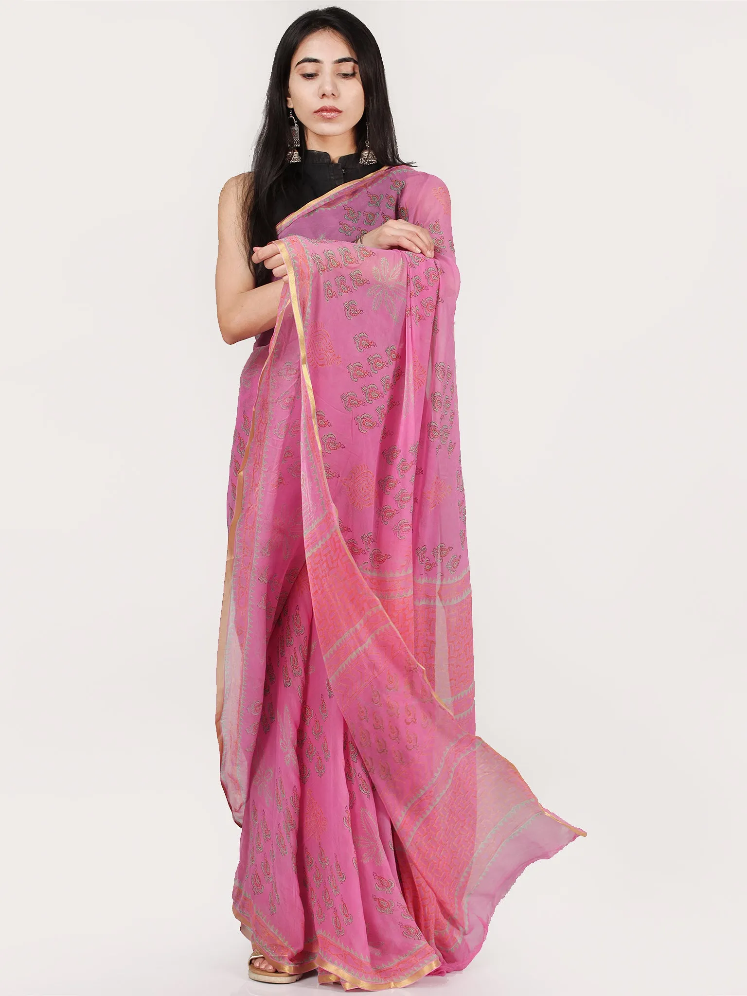 Pink Green Hand Block Printed Chiffon Saree With Zari Border - S031704700