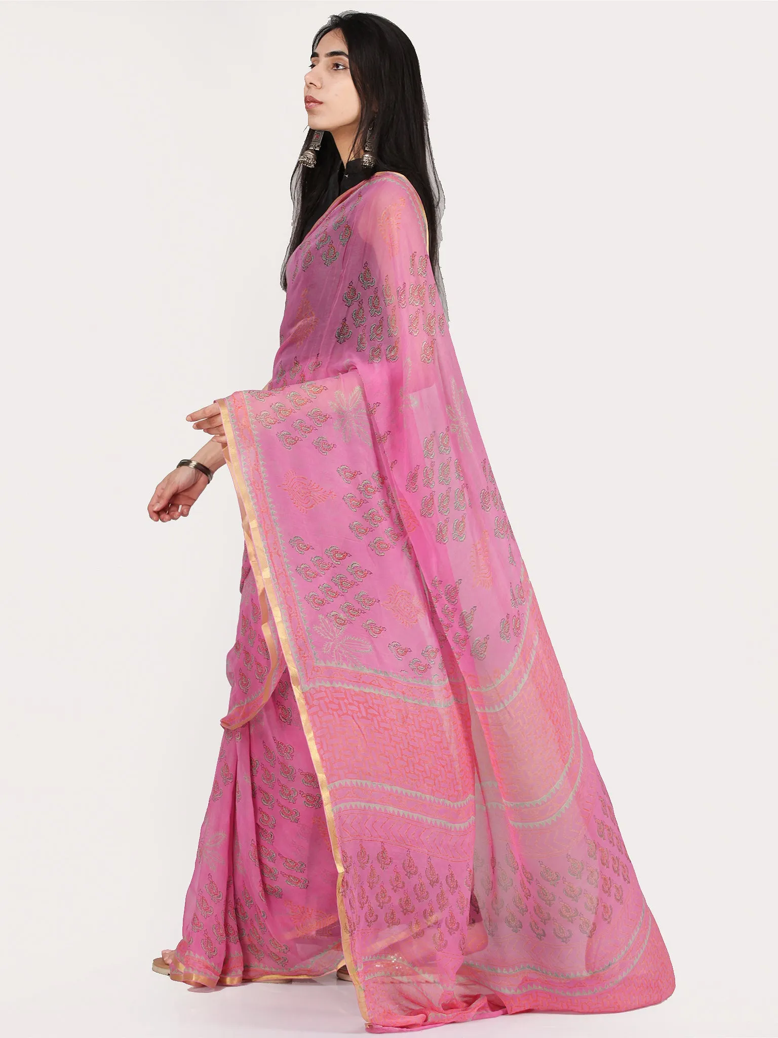 Pink Green Hand Block Printed Chiffon Saree With Zari Border - S031704700