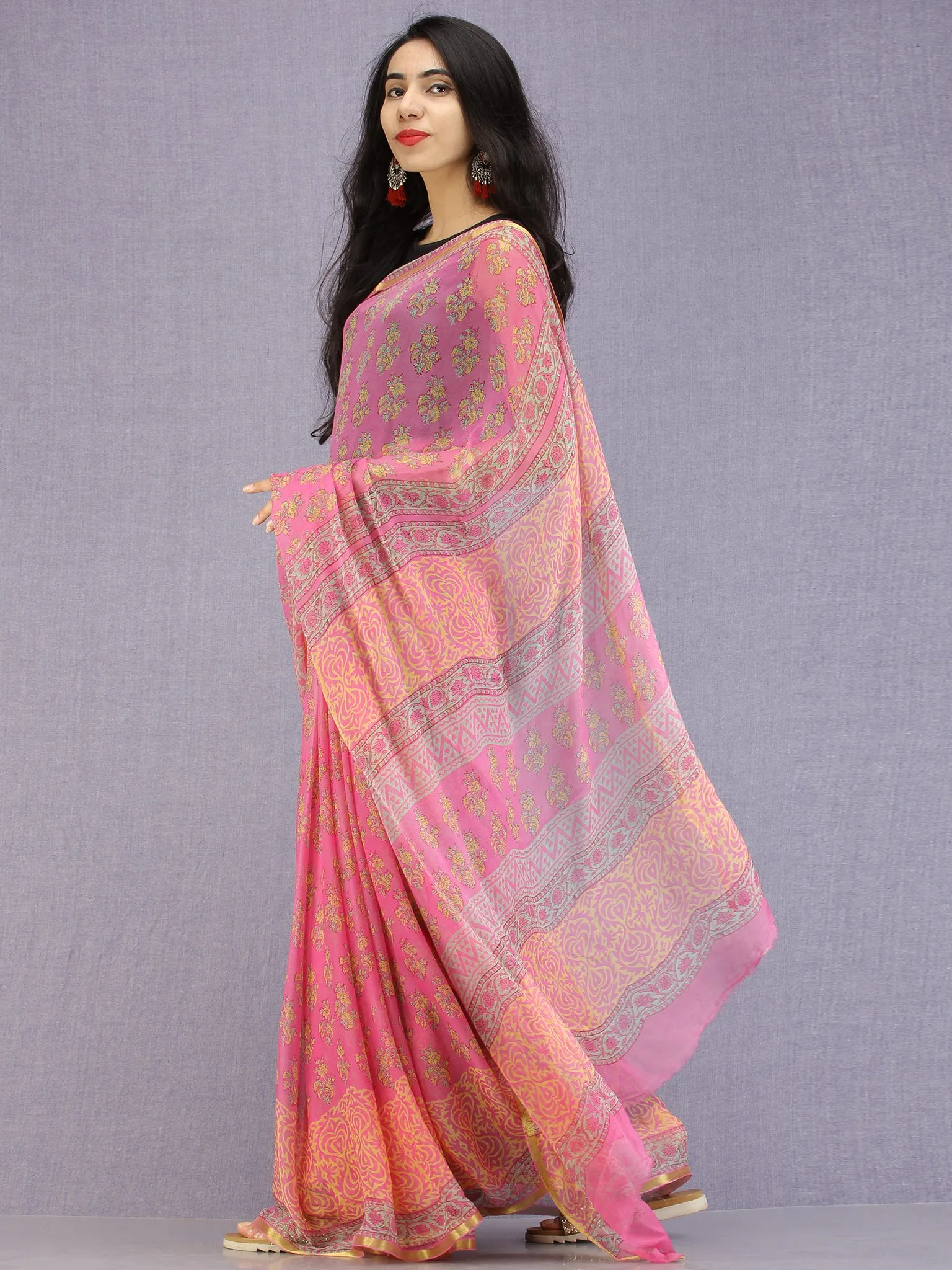 Pink Green Yellow Hand Block Printed Chiffon Saree with Zari Border - S031704591