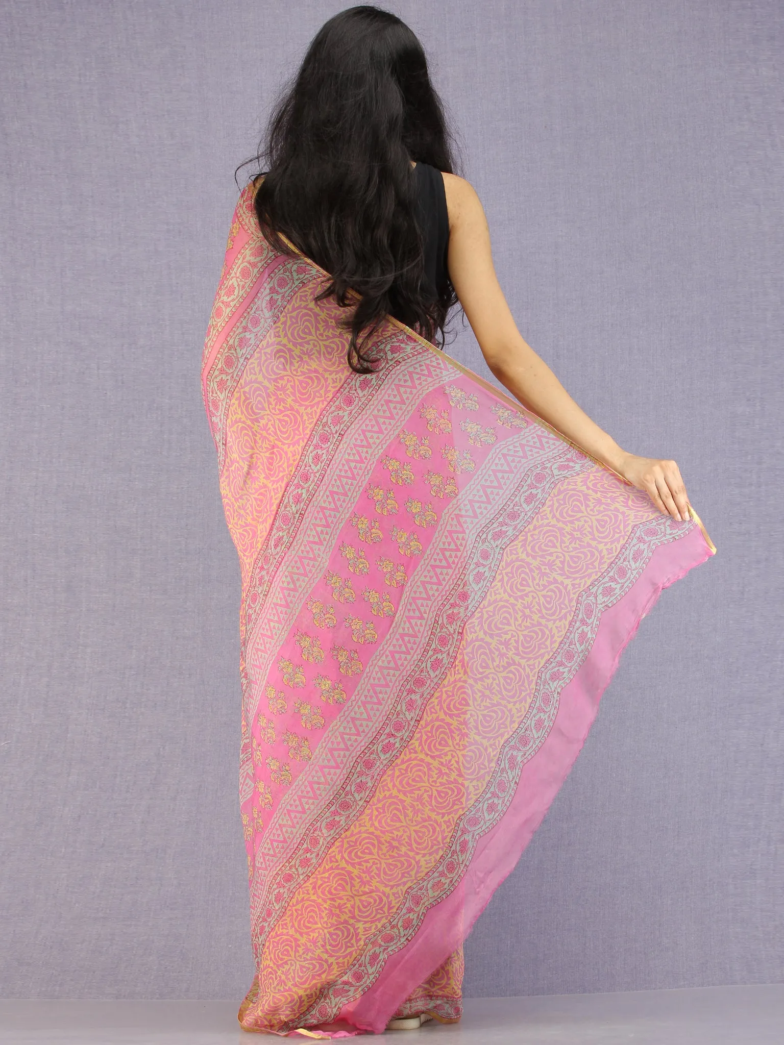 Pink Green Yellow Hand Block Printed Chiffon Saree with Zari Border - S031704591