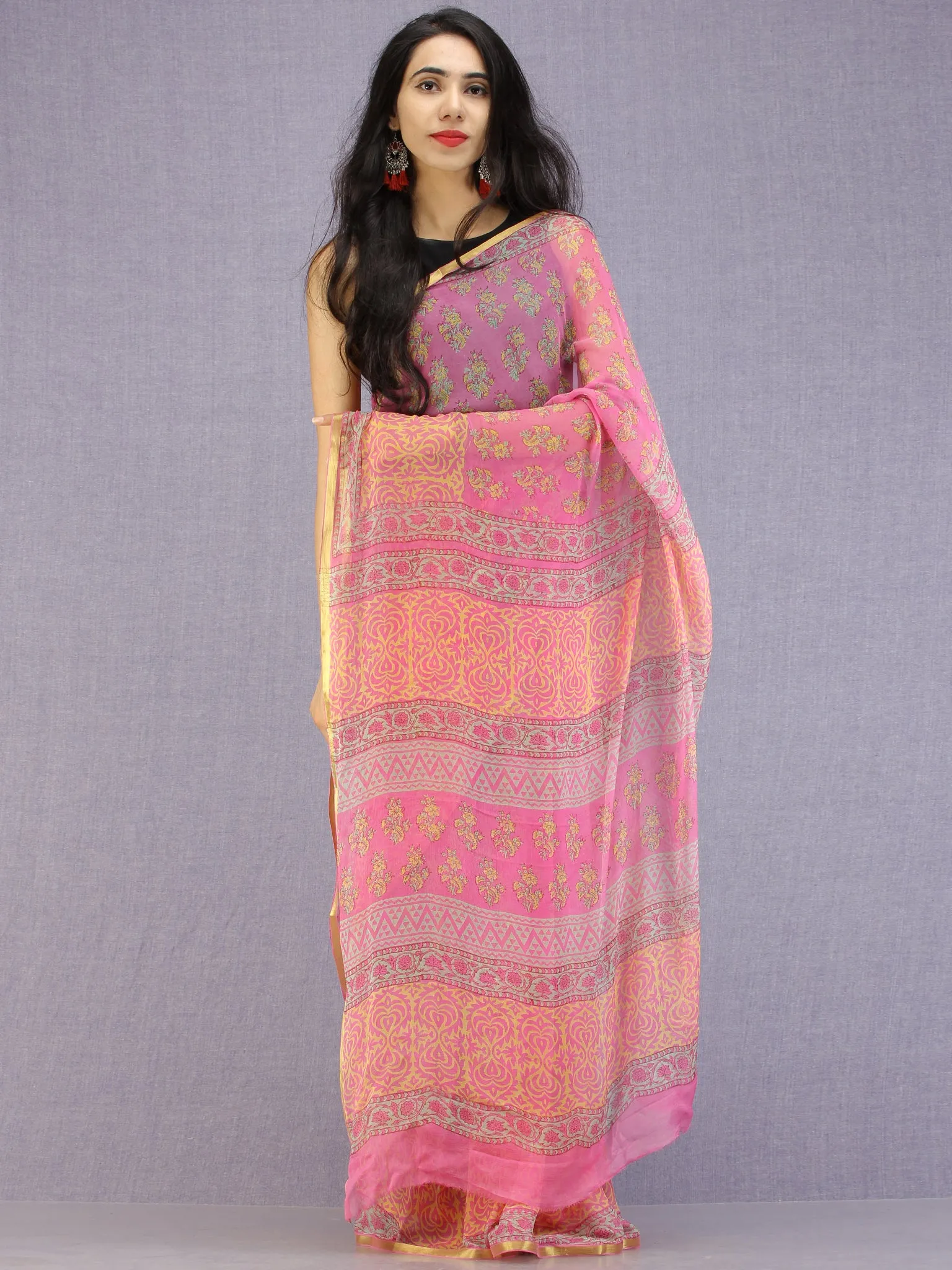 Pink Green Yellow Hand Block Printed Chiffon Saree with Zari Border - S031704591