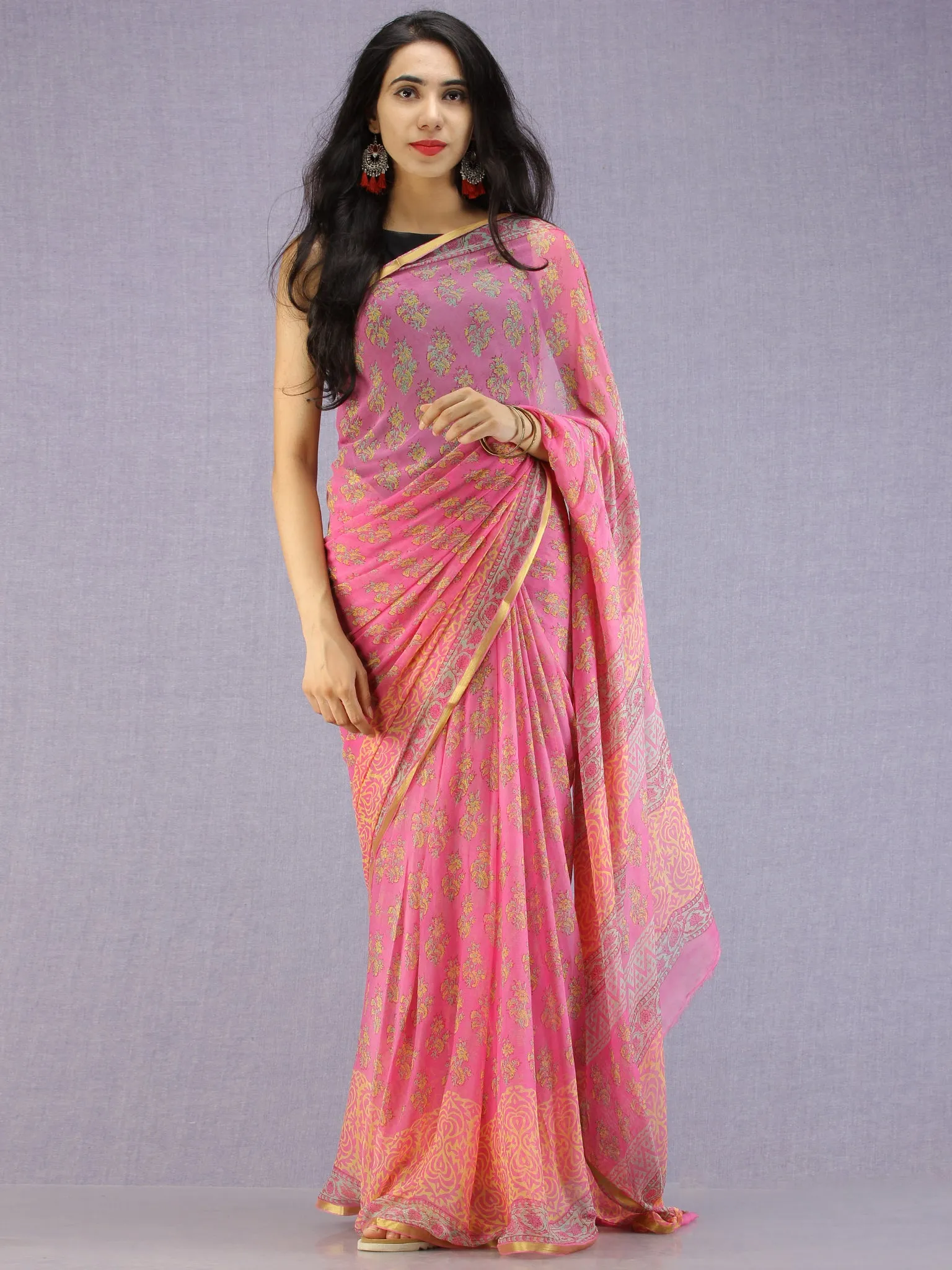 Pink Green Yellow Hand Block Printed Chiffon Saree with Zari Border - S031704591