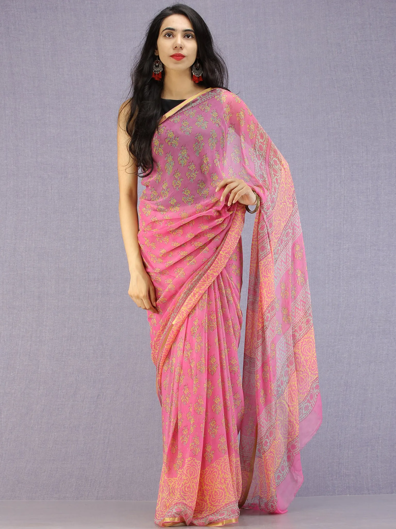 Pink Green Yellow Hand Block Printed Chiffon Saree with Zari Border - S031704591