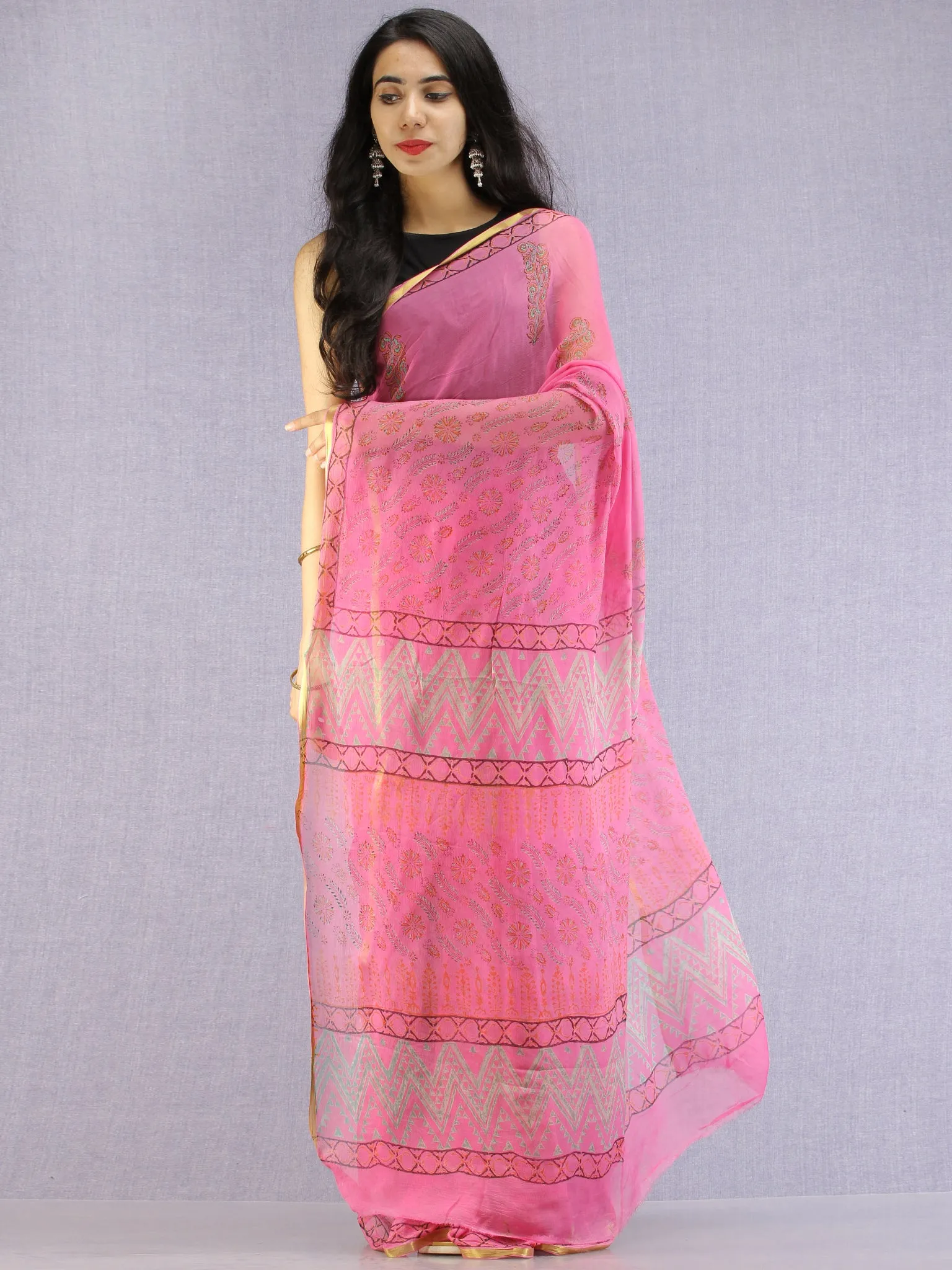 Pink Red Green Hand Block Printed Chiffon Saree with Zari Border - S031704609