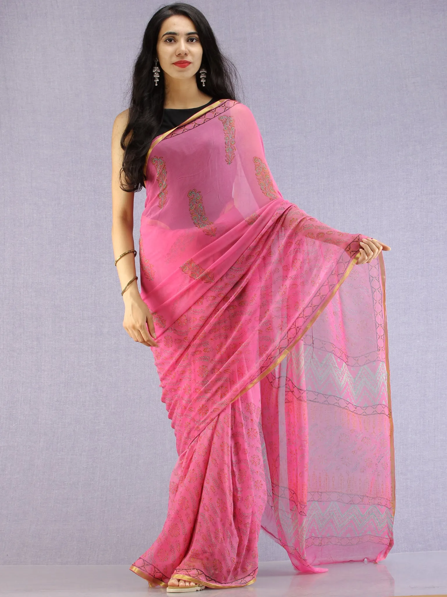 Pink Red Green Hand Block Printed Chiffon Saree with Zari Border - S031704609