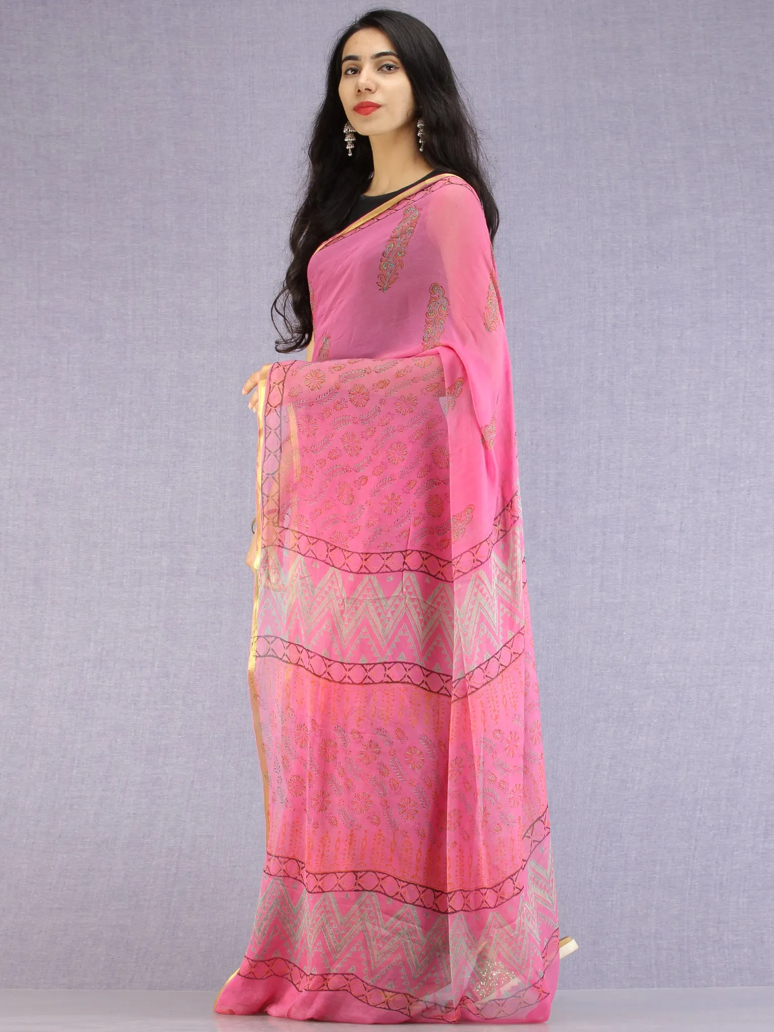 Pink Red Green Hand Block Printed Chiffon Saree with Zari Border - S031704609