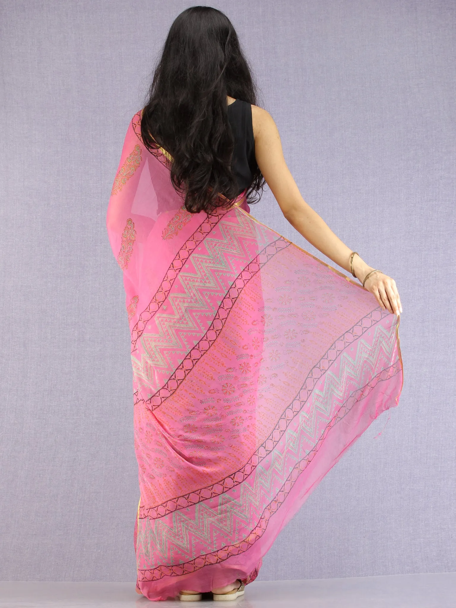 Pink Red Green Hand Block Printed Chiffon Saree with Zari Border - S031704609