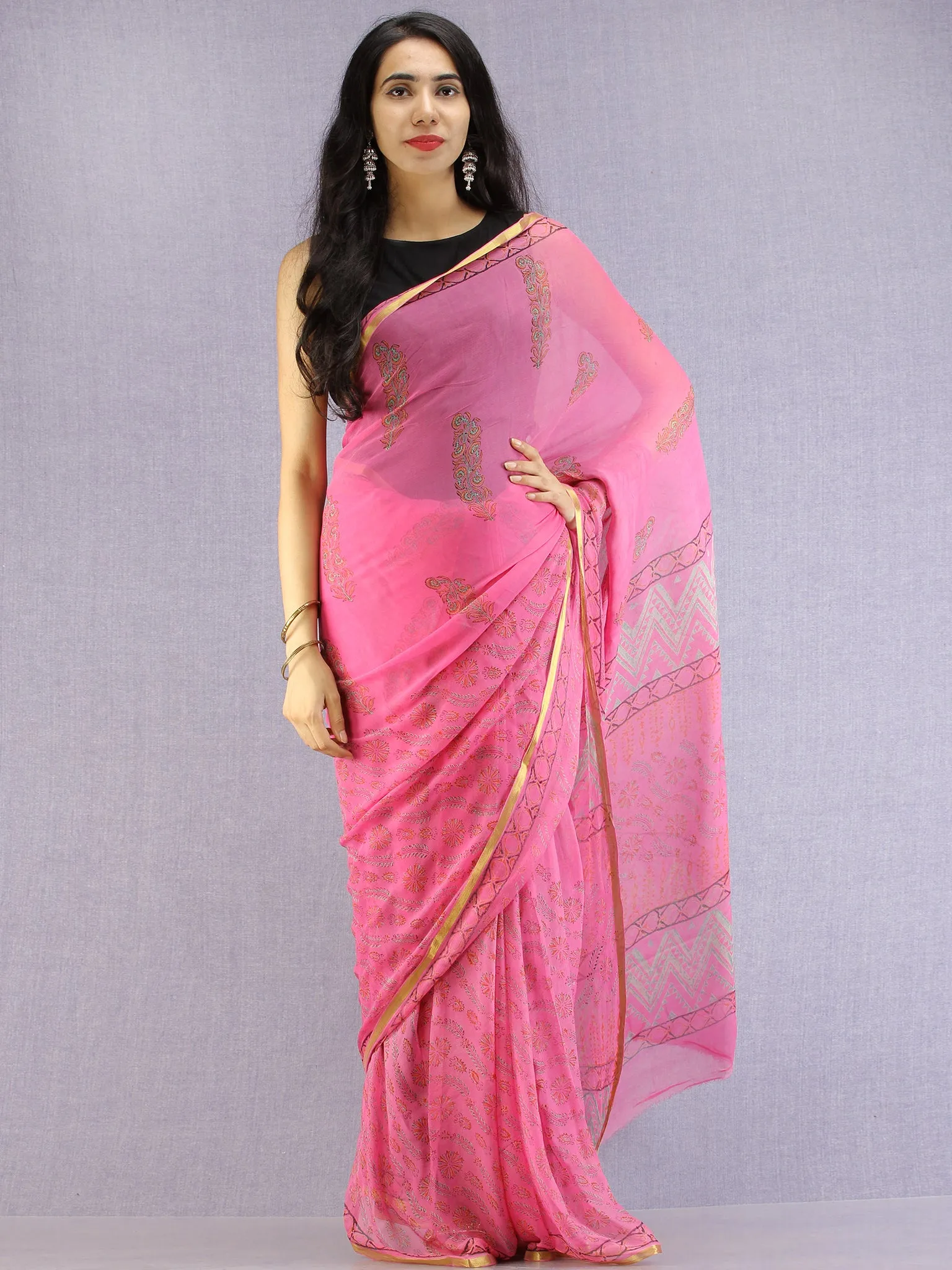 Pink Red Green Hand Block Printed Chiffon Saree with Zari Border - S031704609