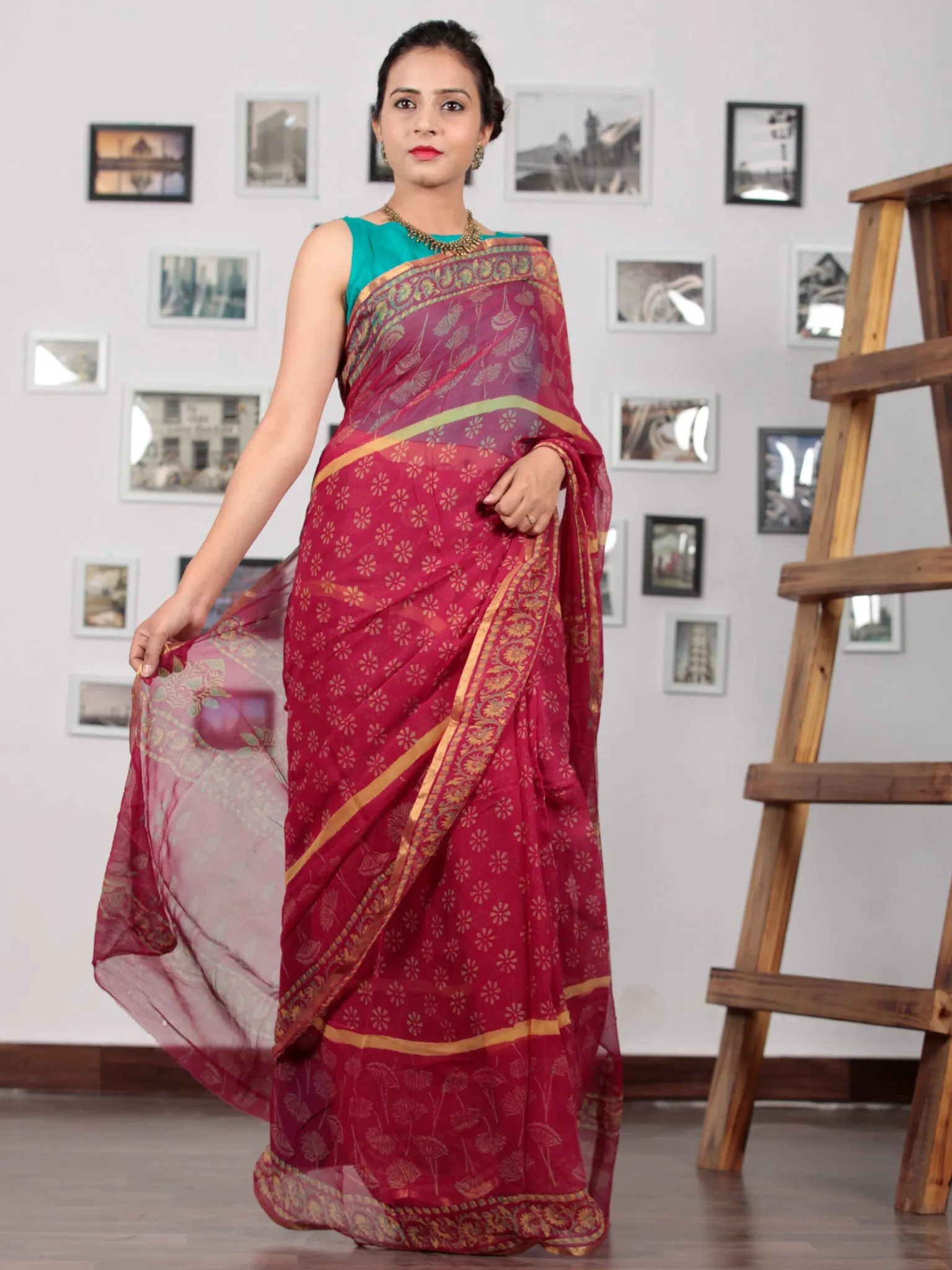 Pink Yellow Hand Block Printed Chiffon Saree with Zari Border - S031702776