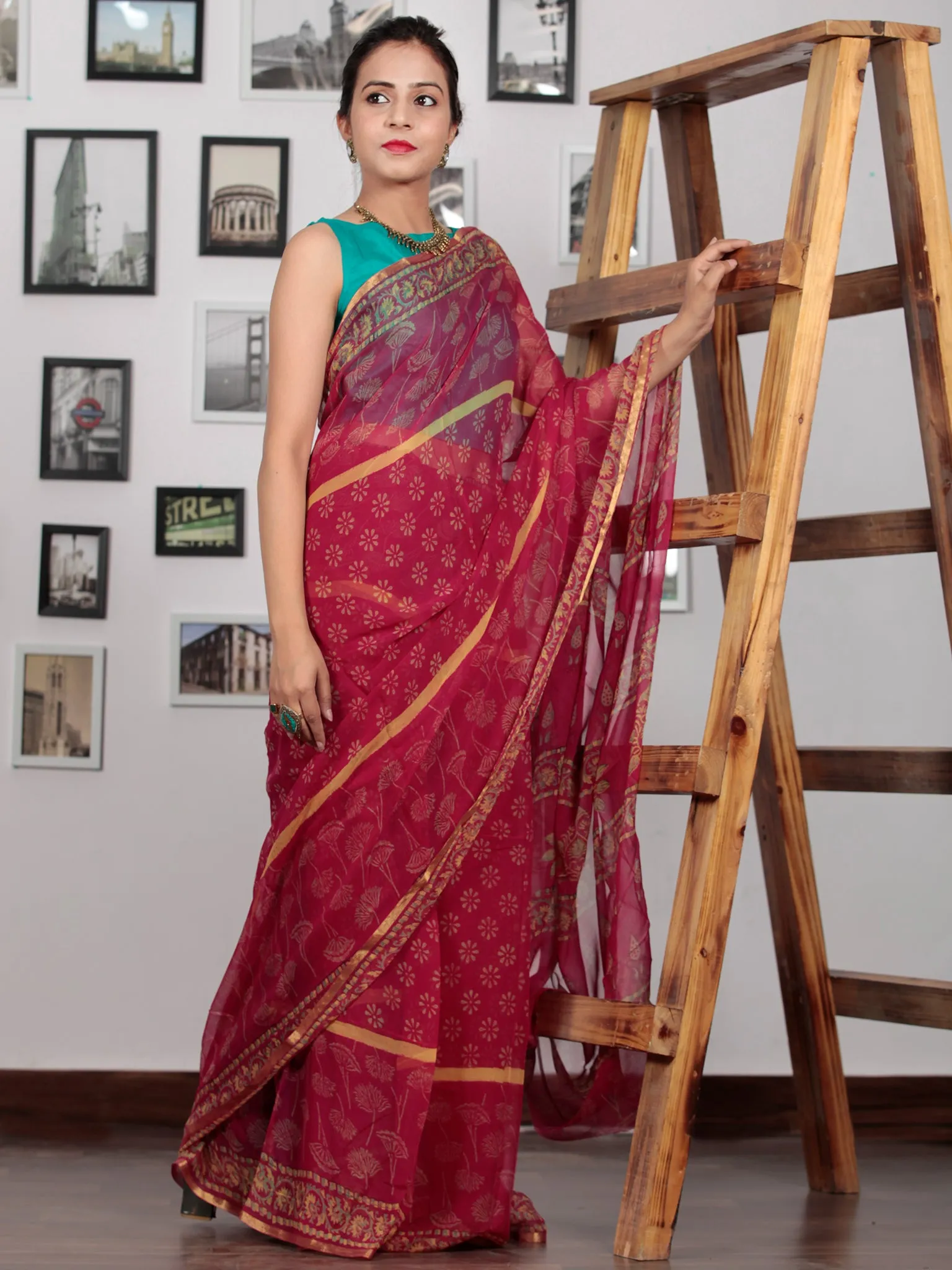 Pink Yellow Hand Block Printed Chiffon Saree with Zari Border - S031702776