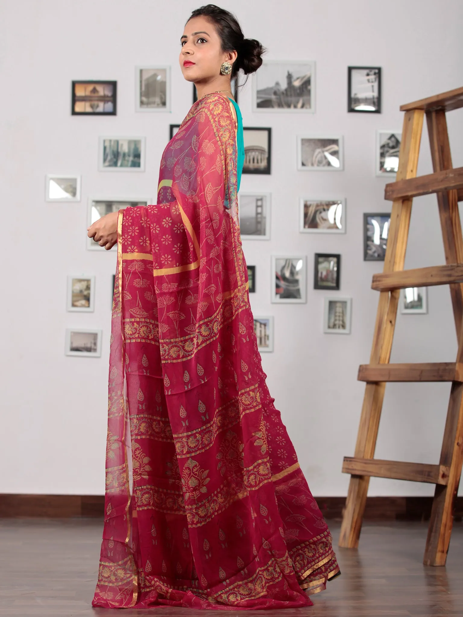 Pink Yellow Hand Block Printed Chiffon Saree with Zari Border - S031702776