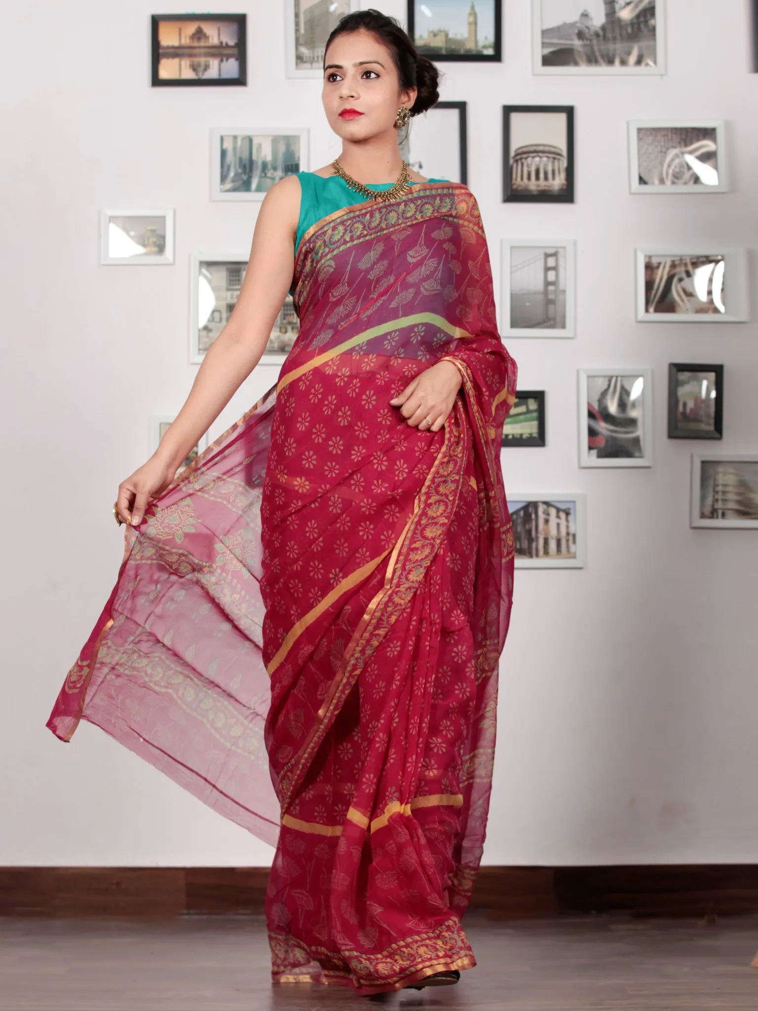 Pink Yellow Hand Block Printed Chiffon Saree with Zari Border - S031702776