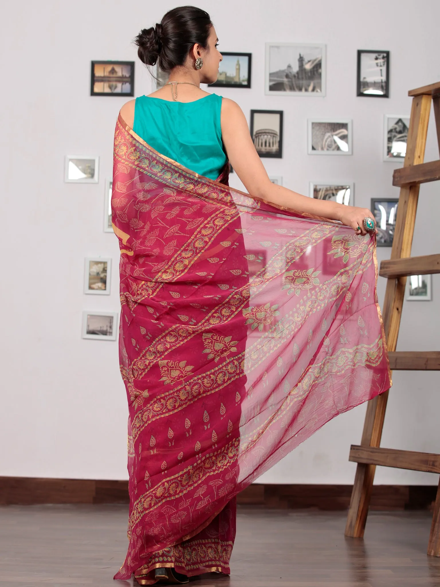 Pink Yellow Hand Block Printed Chiffon Saree with Zari Border - S031702776