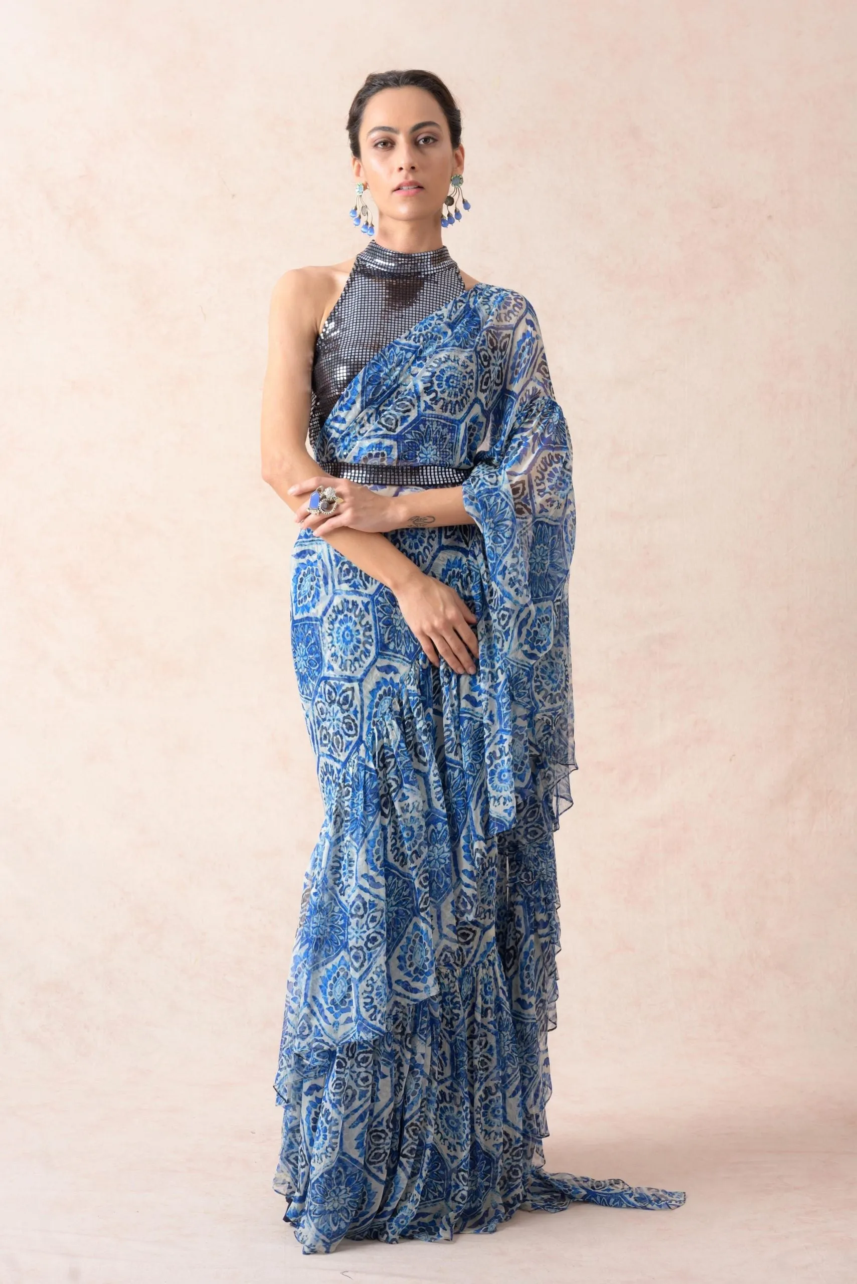 Pre-draped modern floral print chiffon ruffle saree with metallic blouse