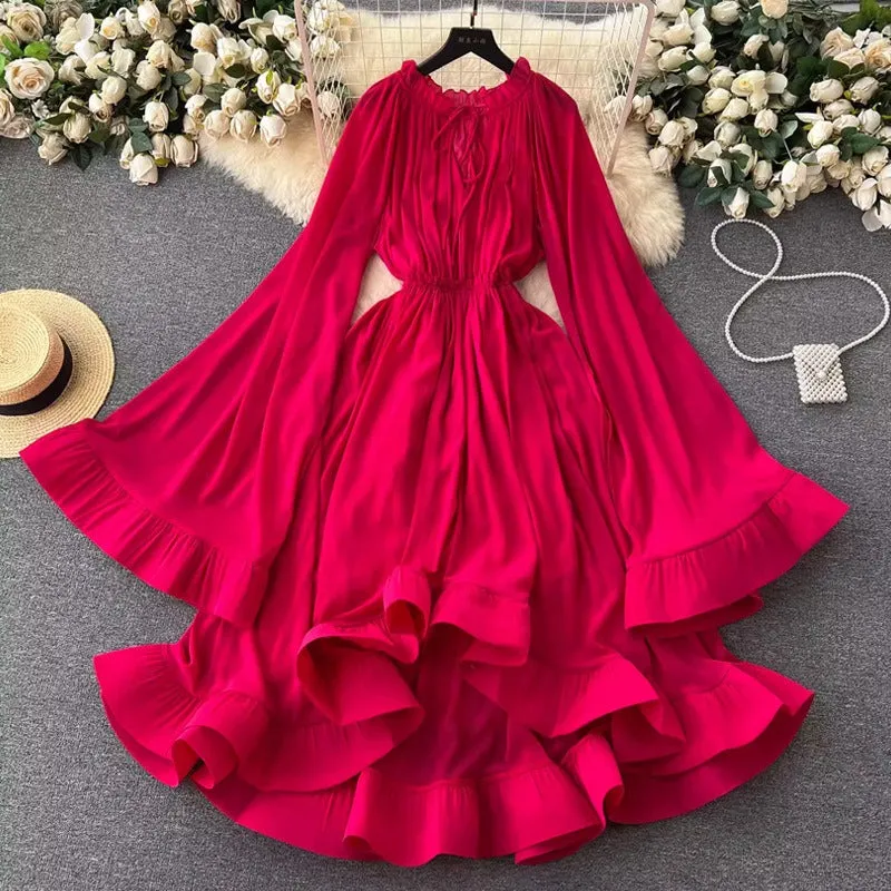 Pre Order:  Flare Sleeves Ruffled Edge Waist Slimming Dress