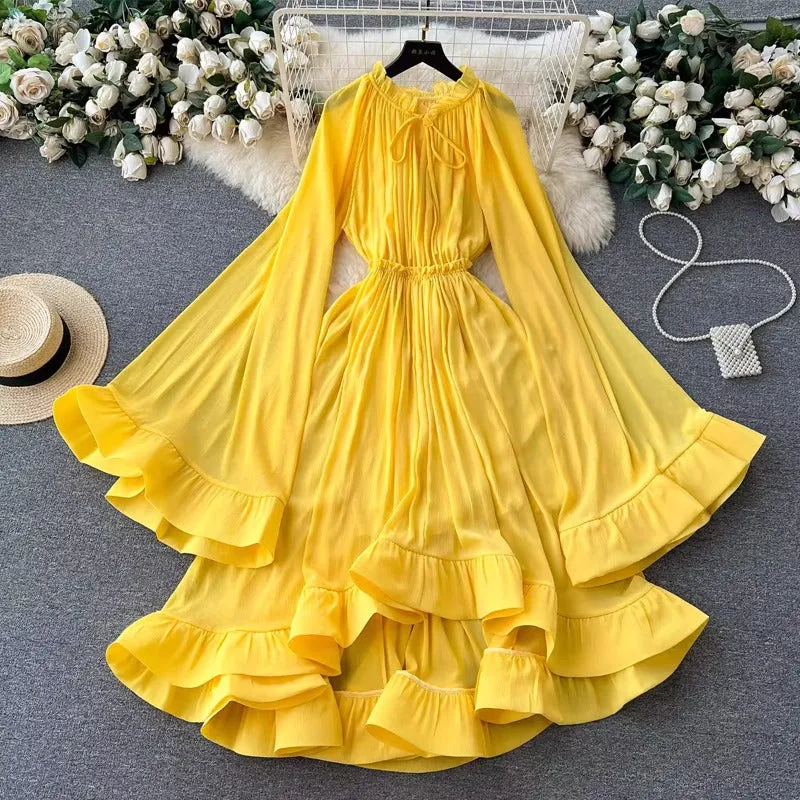 Pre Order:  Flare Sleeves Ruffled Edge Waist Slimming Dress