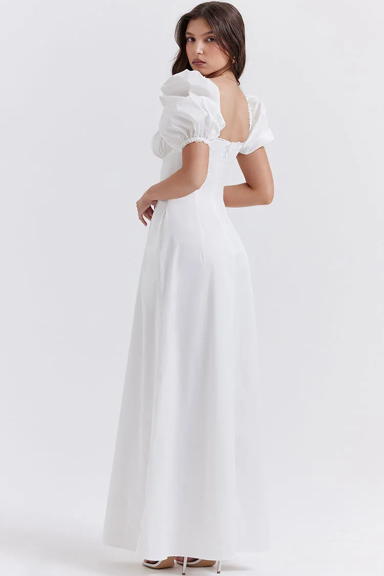 Pretty Tie Neck Puff Sleeve Solid White Puff Sleeve Summer Maxi Sundress - White