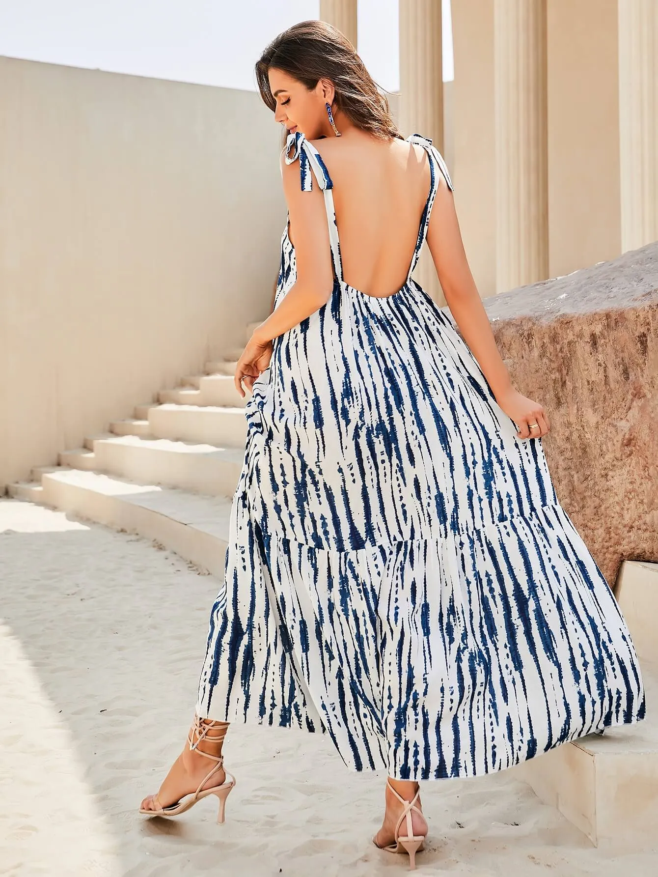 Printed Backless Tie Shoulder Maxi Dress