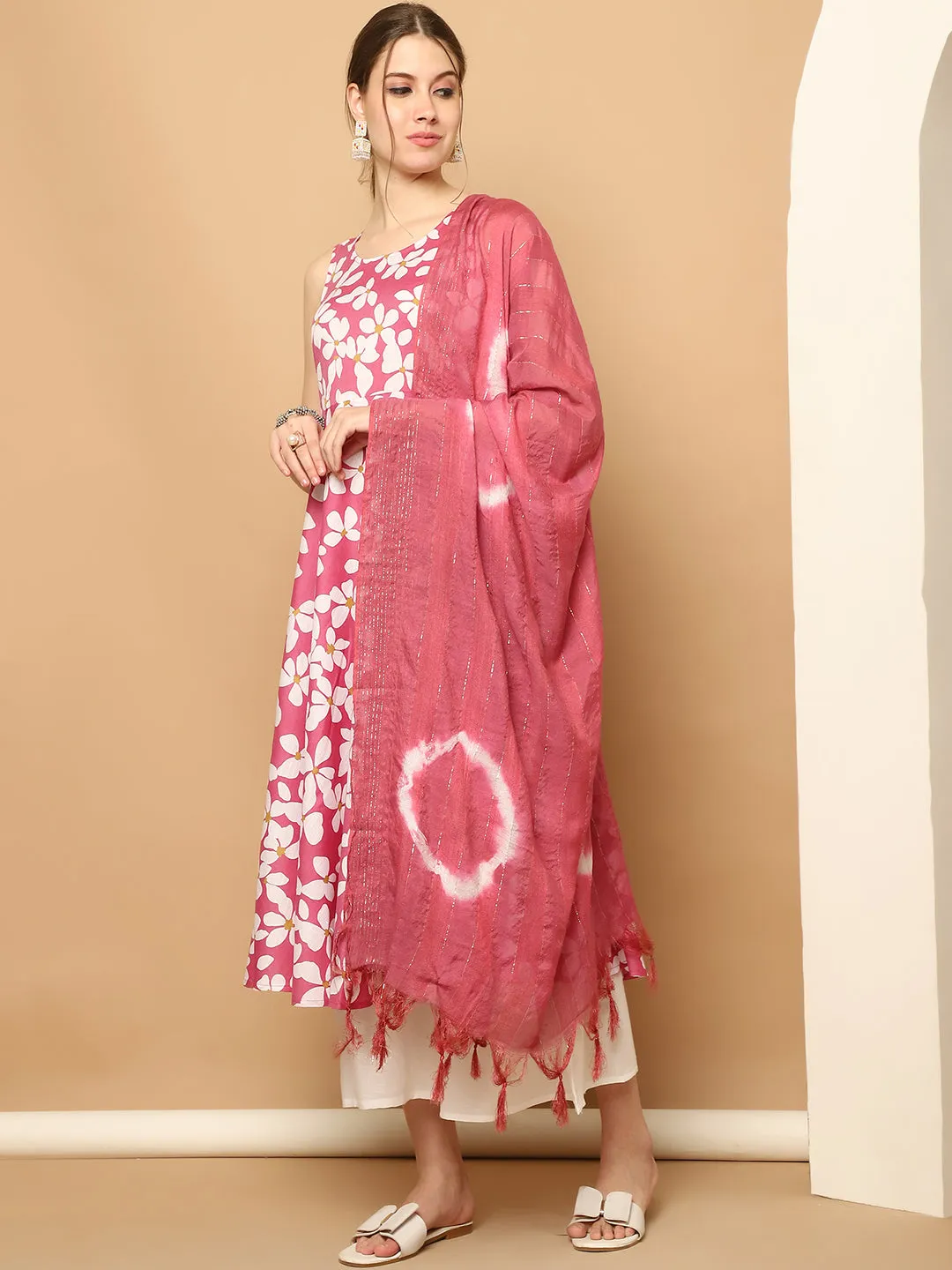 Printed Pink Flowers Flared Kurta Palazzos Dupatta Set