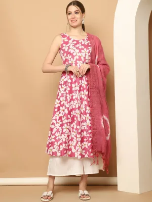 Printed Pink Flowers Flared Kurta Palazzos Dupatta Set