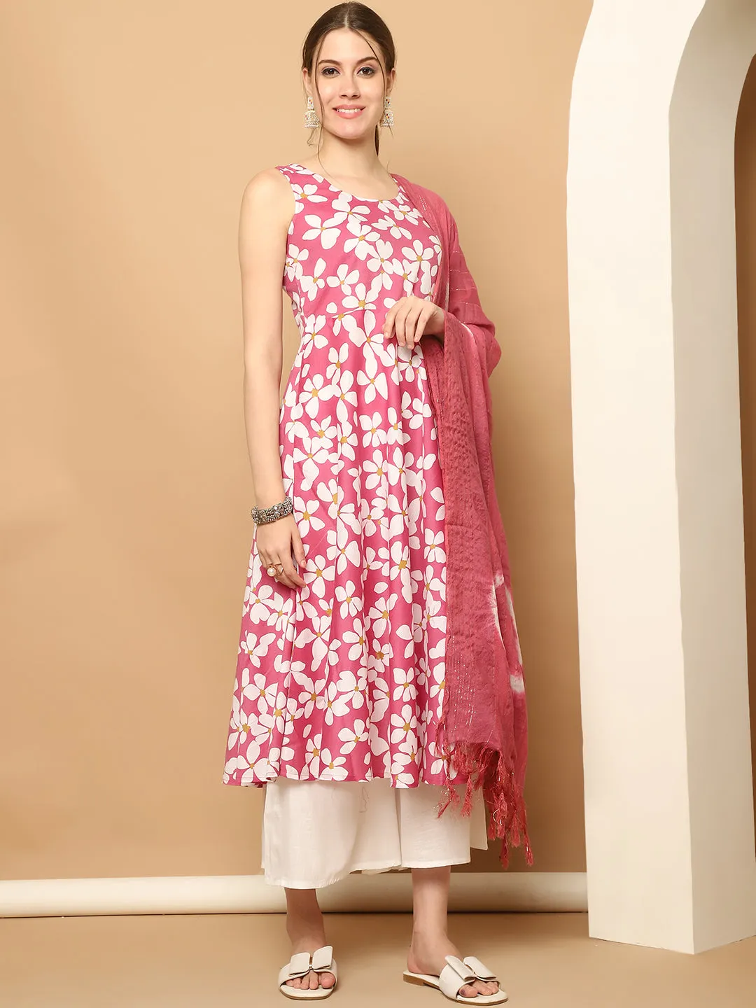 Printed Pink Flowers Flared Kurta Palazzos Dupatta Set