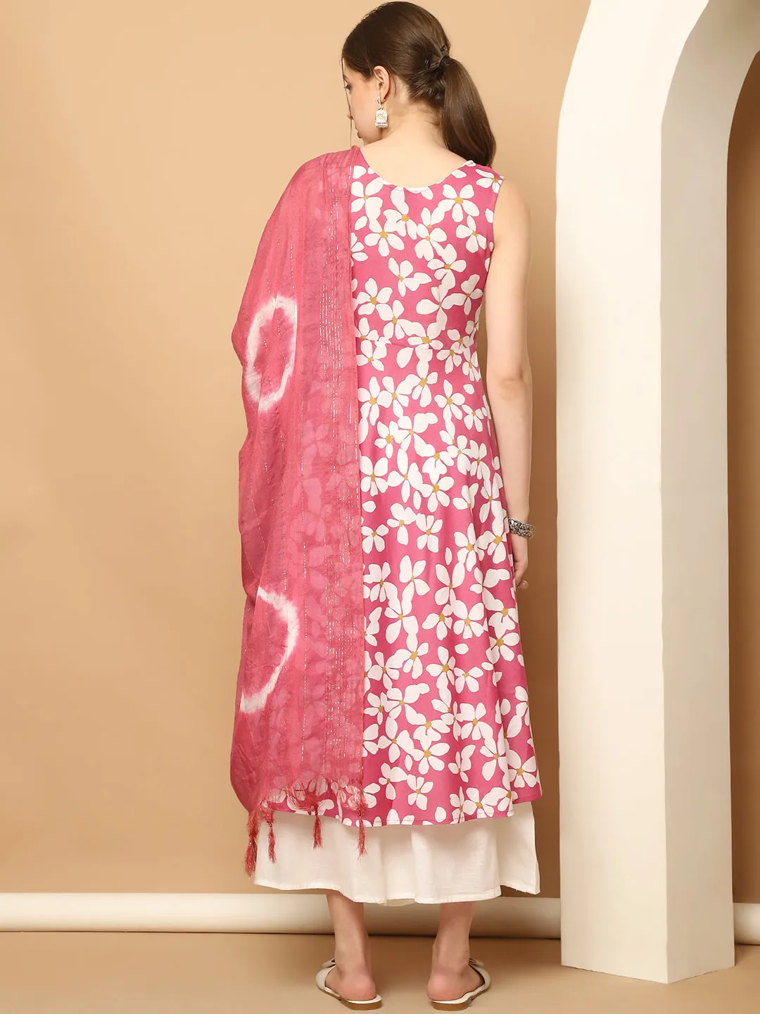 Printed Pink Flowers Flared Kurta Palazzos Dupatta Set