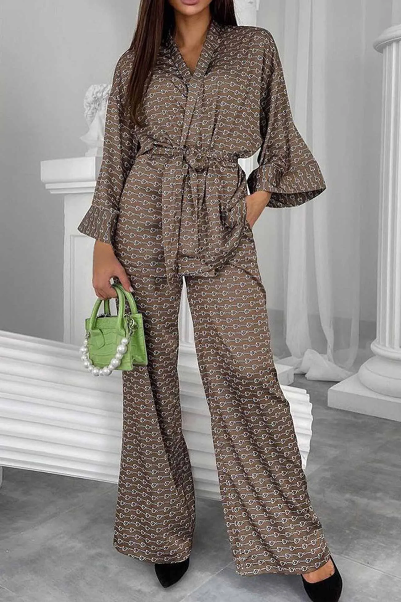 Printed Tie-waist Cardigan Long Pants Suits