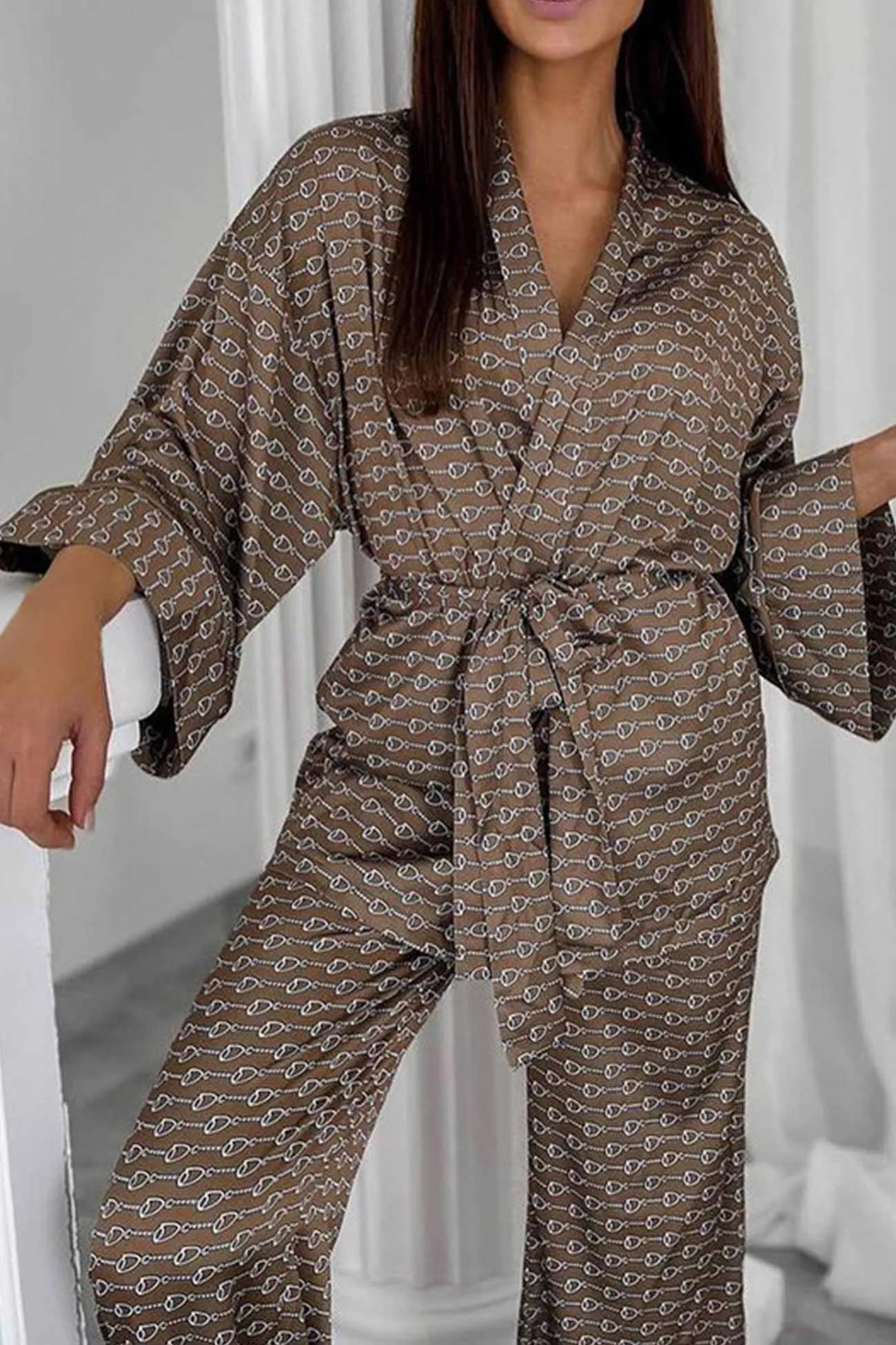 Printed Tie-waist Cardigan Long Pants Suits