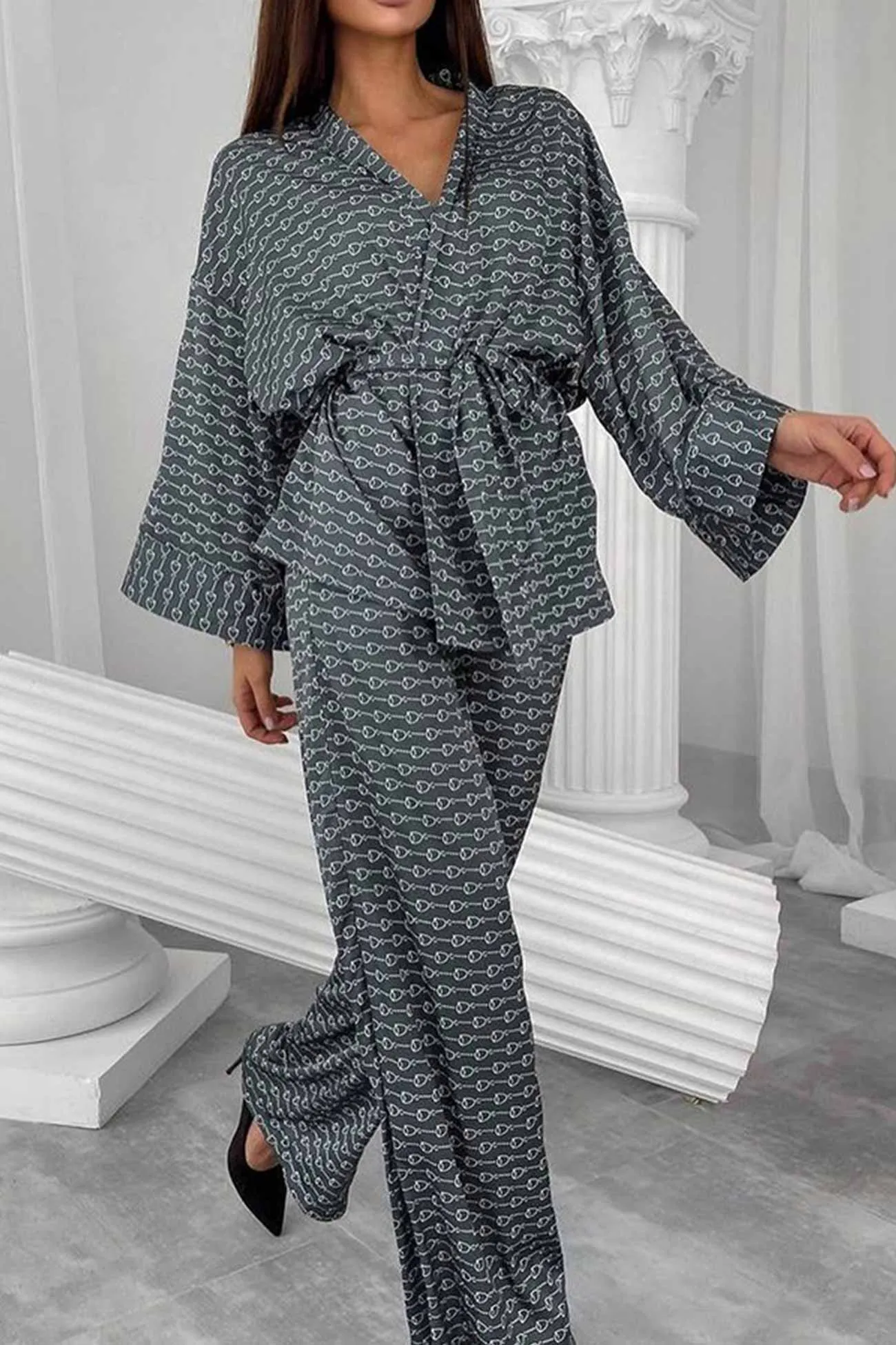 Printed Tie-waist Cardigan Long Pants Suits