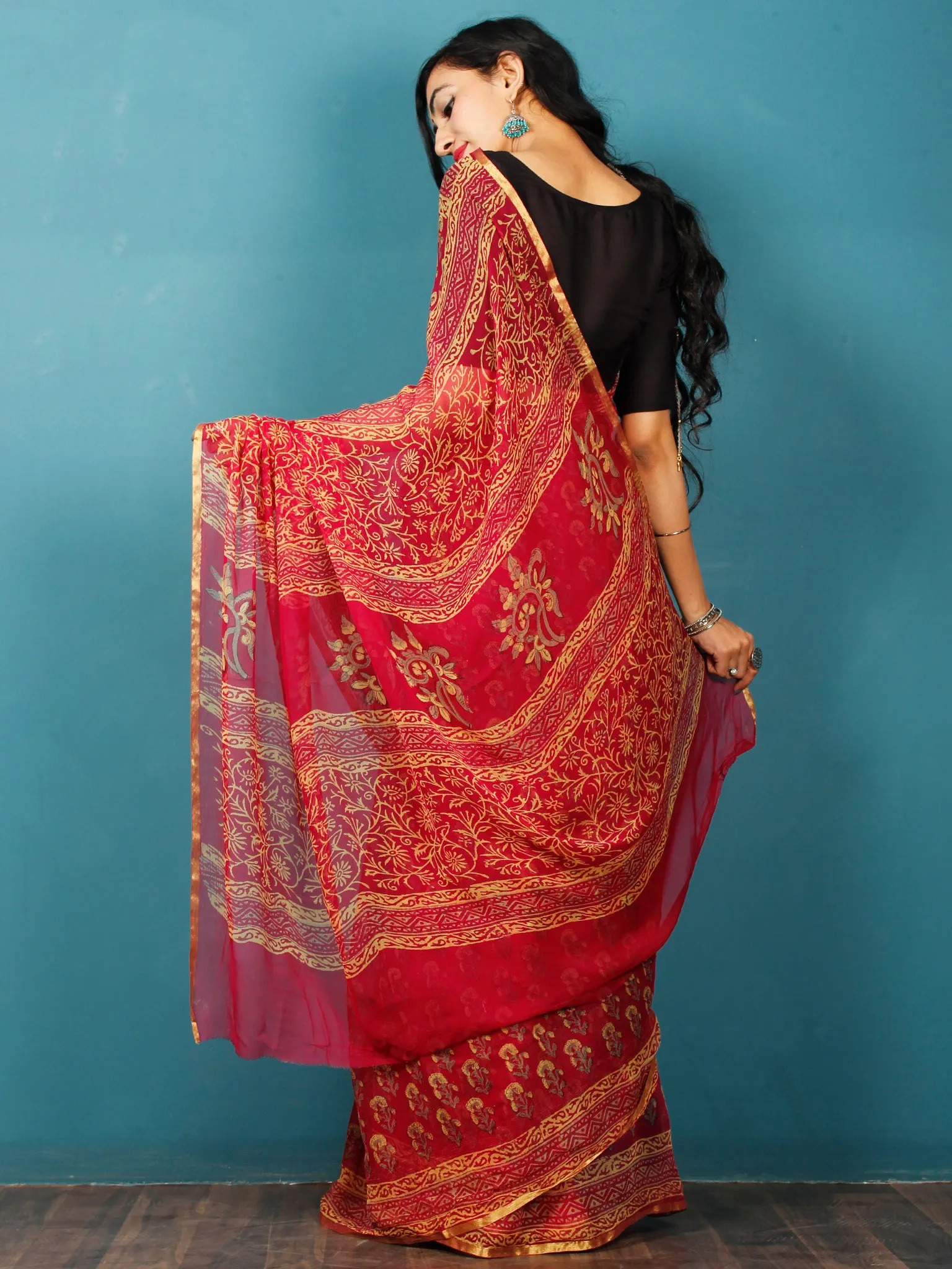 Purple Yellow Hand Block Printed Chiffon Saree with Zari Border - S031702803