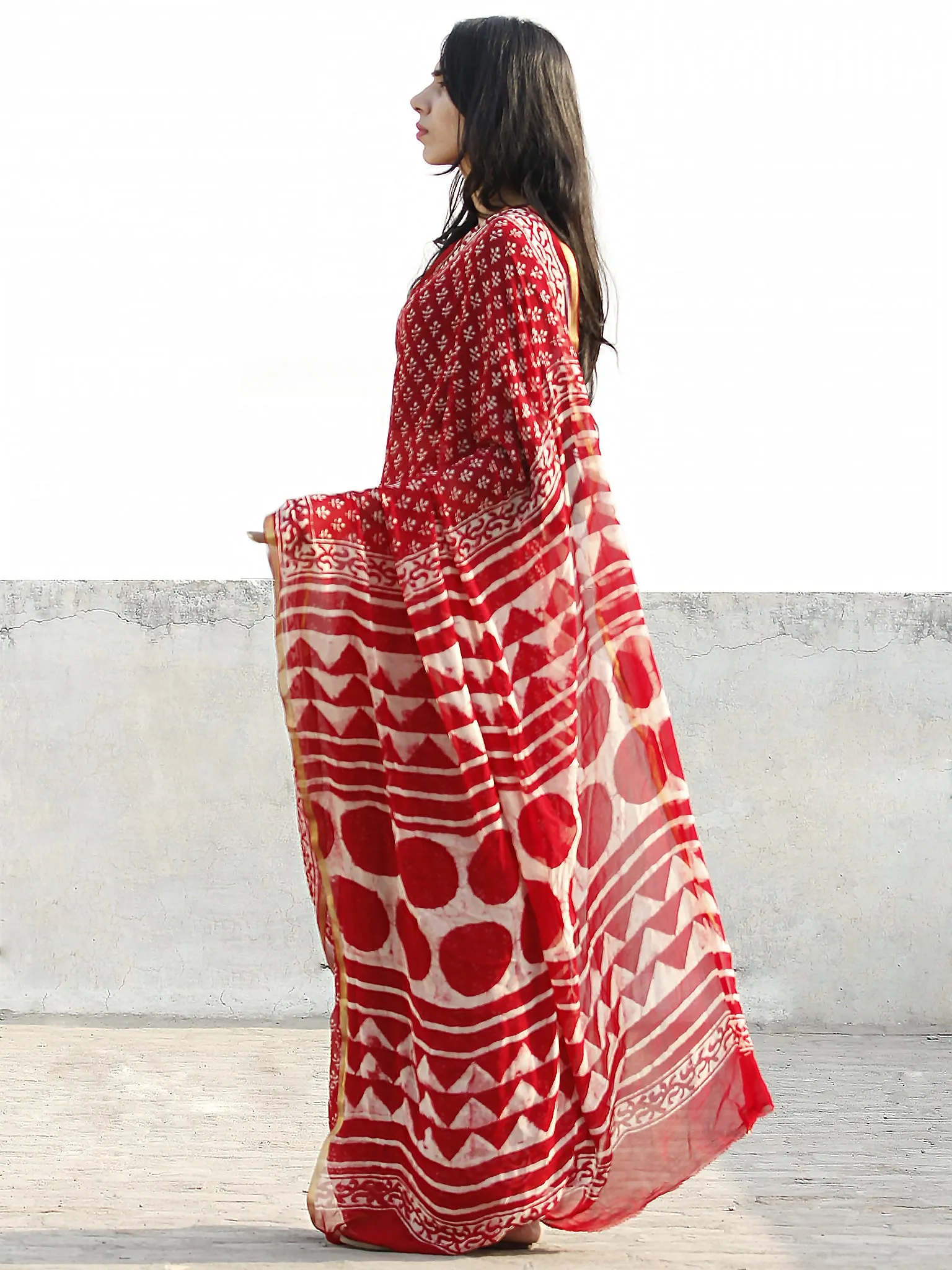 Red and White  Hand Block Printed Chiffon Saree with Zari border- S031702689