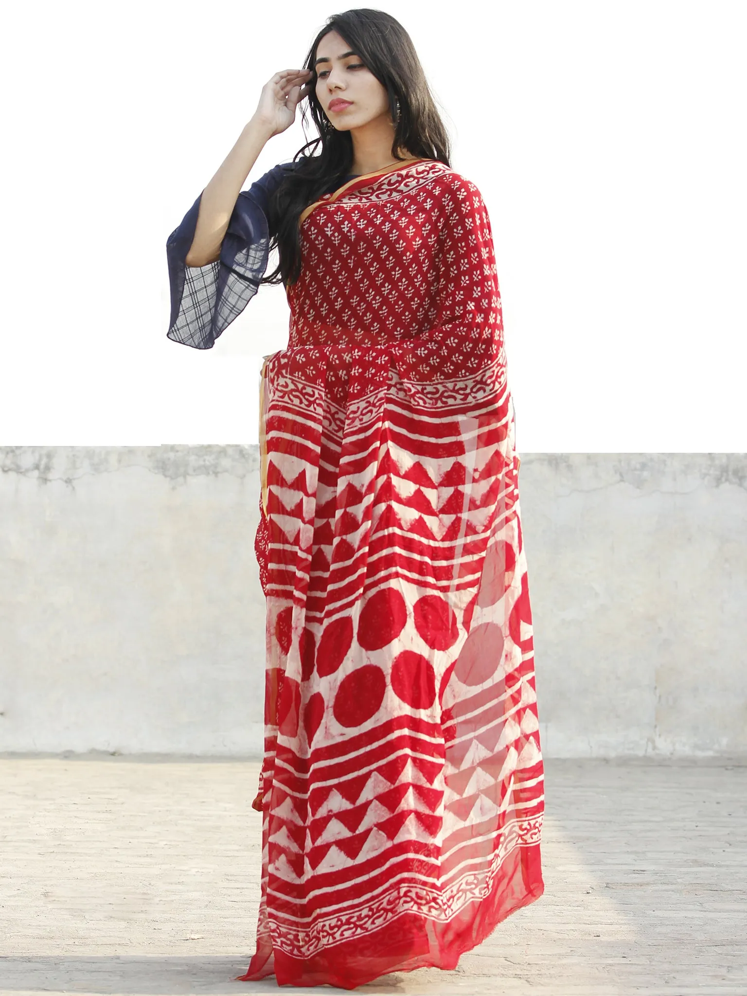 Red and White  Hand Block Printed Chiffon Saree with Zari border- S031702689