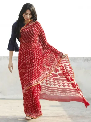 Red and White  Hand Block Printed Chiffon Saree with Zari border- S031702689