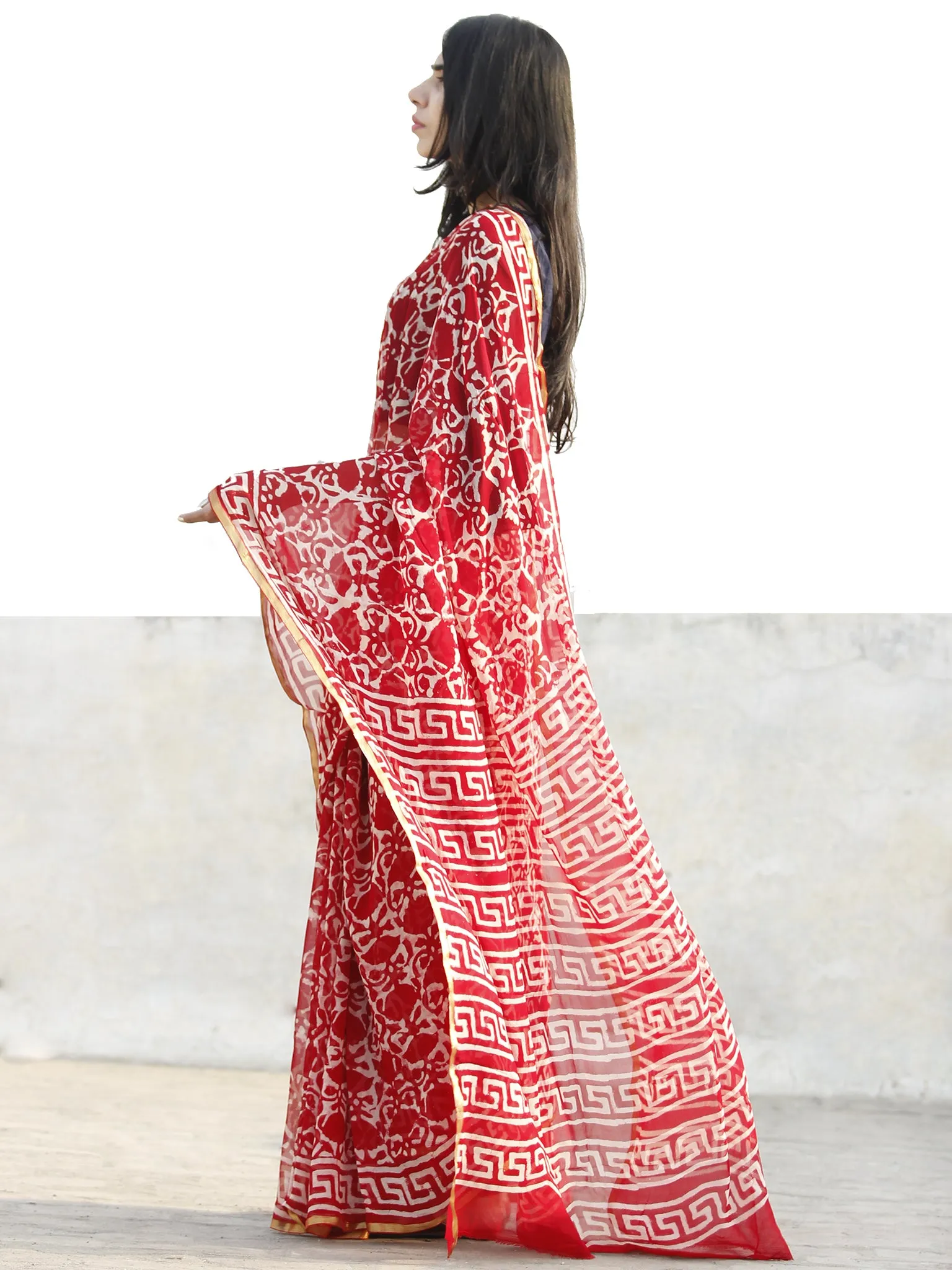 Red and White  Hand Block Printed Chiffon Saree with Zari border- S031702706