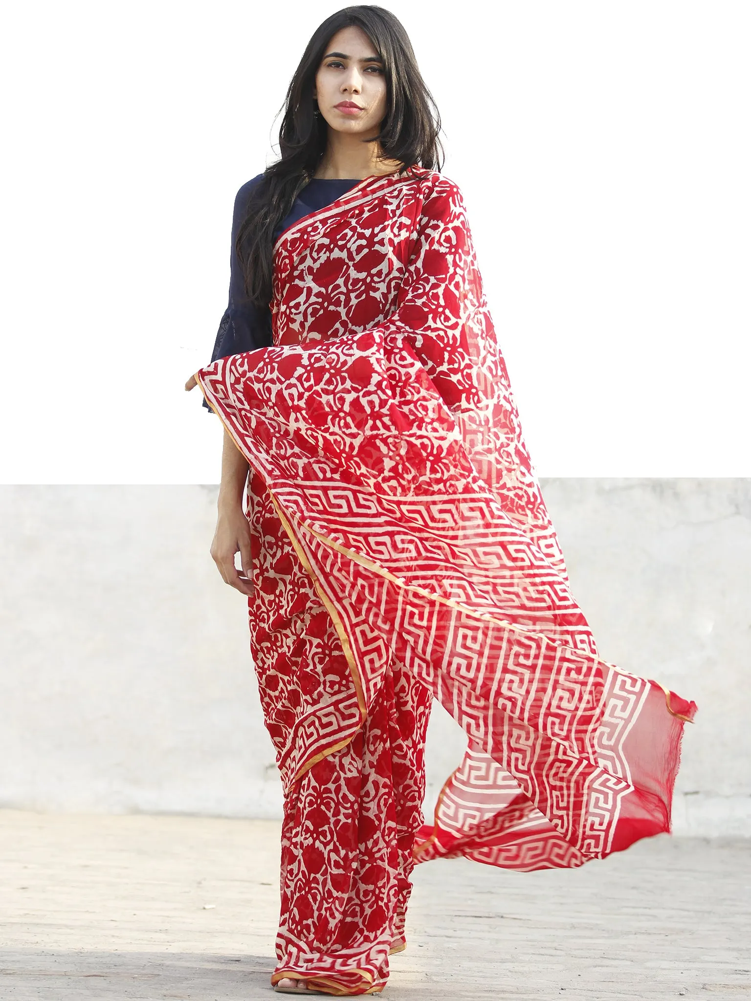 Red and White  Hand Block Printed Chiffon Saree with Zari border- S031702706