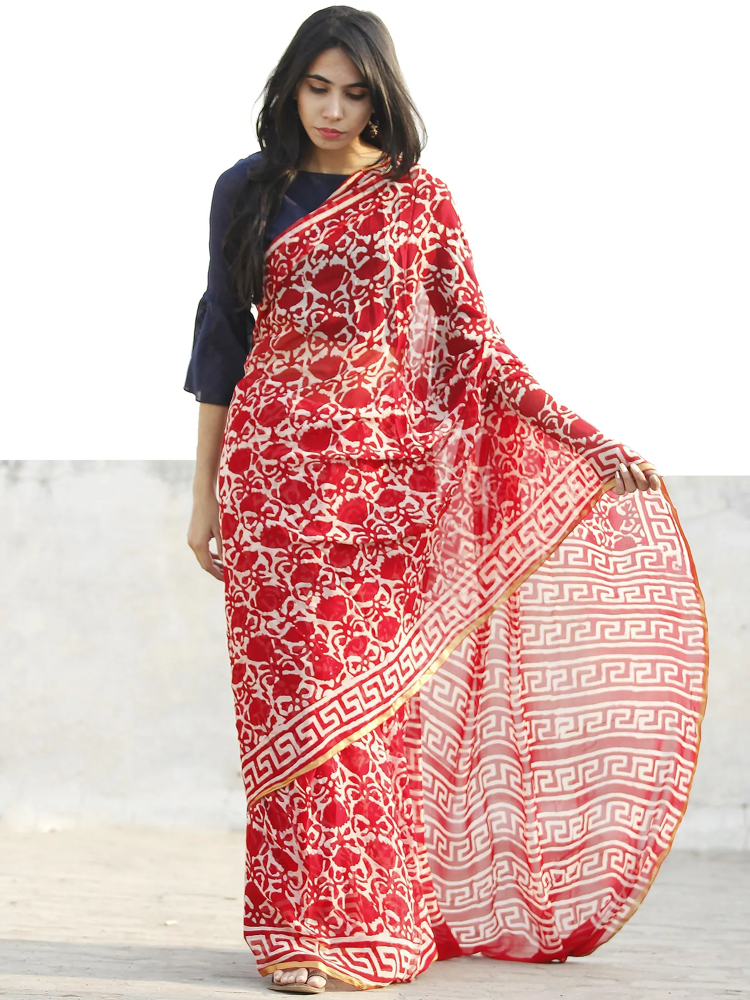 Red and White  Hand Block Printed Chiffon Saree with Zari border- S031702706