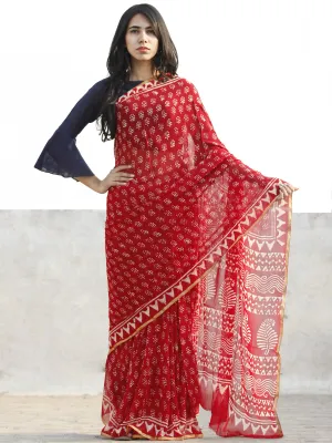 Red and White  Hand Block Printed Chiffon Saree with Zari border- S031702714