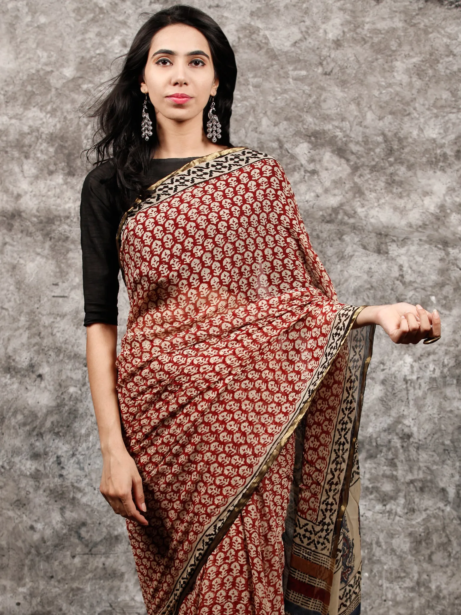 Red Beige Blue Black Hand Block Printed Chiffon Saree with Zari Border - S031703491