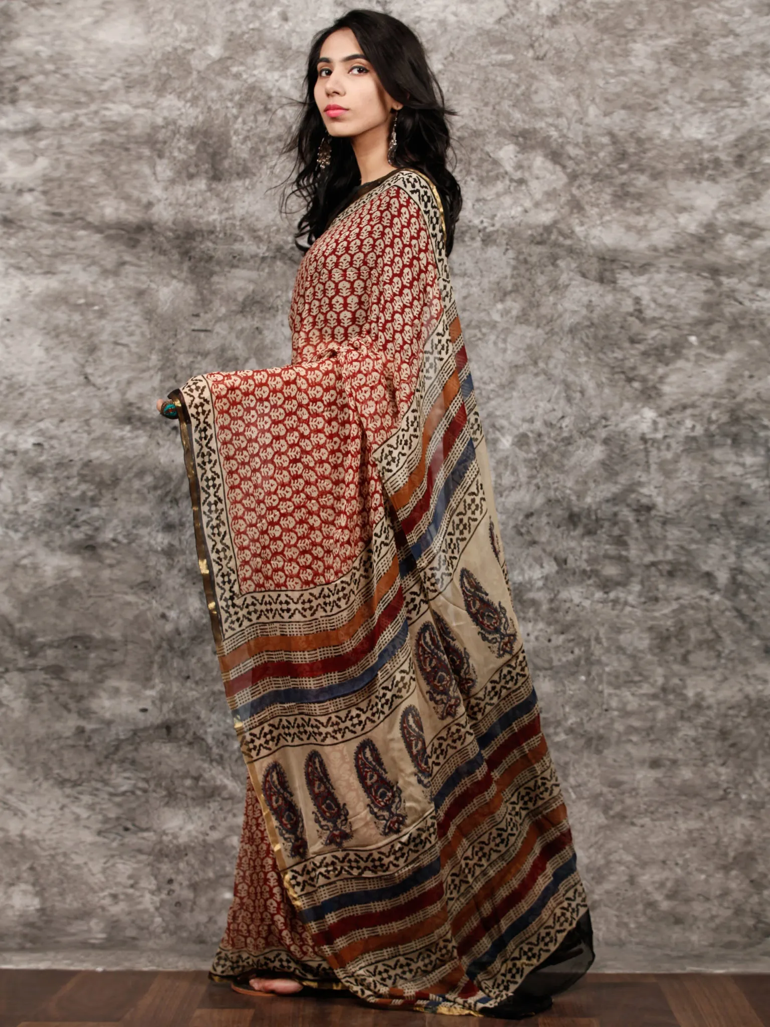 Red Beige Blue Black Hand Block Printed Chiffon Saree with Zari Border - S031703491