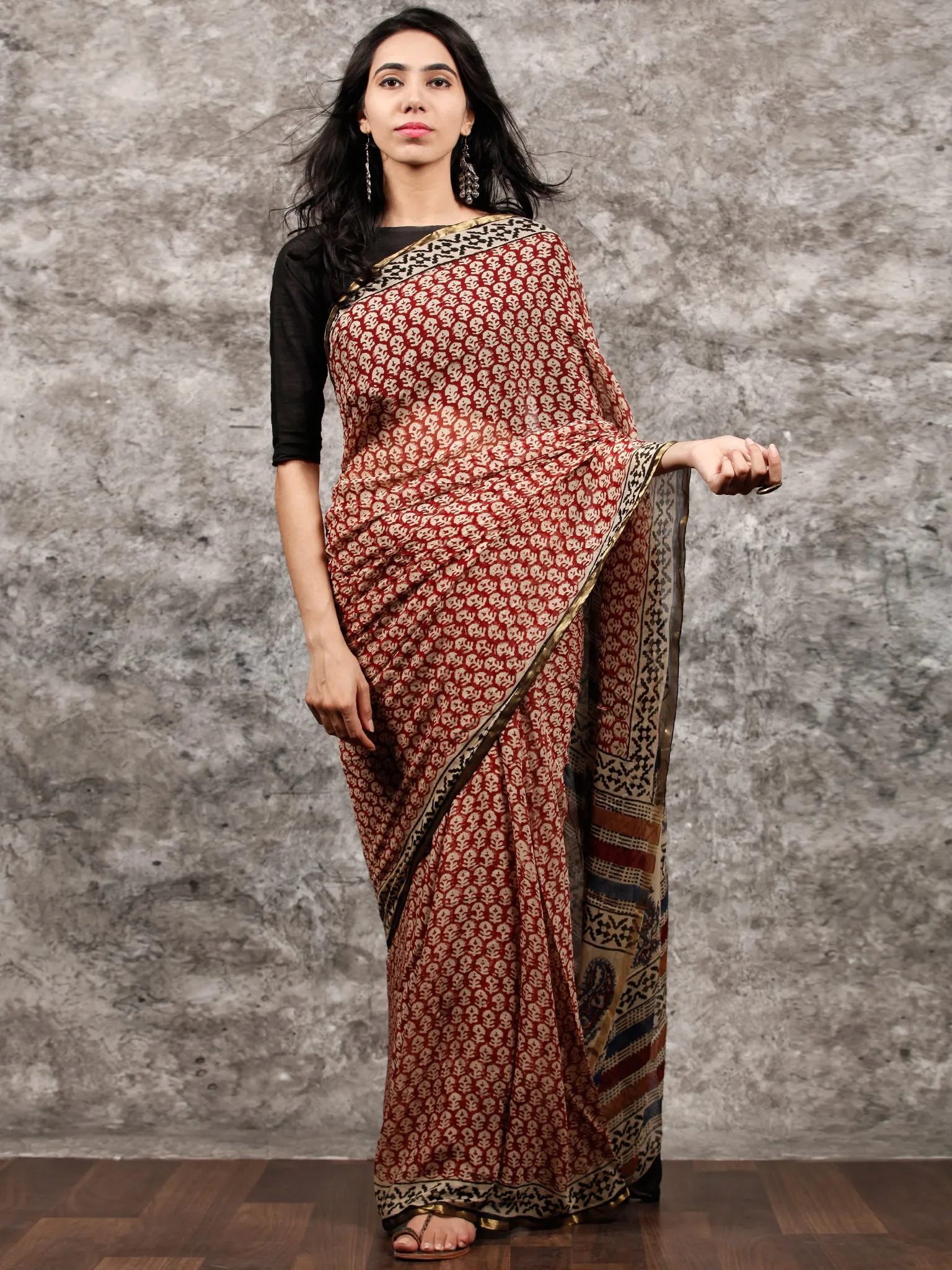 Red Beige Blue Black Hand Block Printed Chiffon Saree with Zari Border - S031703491