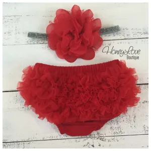 Red ruffle bottom bloomers and Silver/Gold flower headband