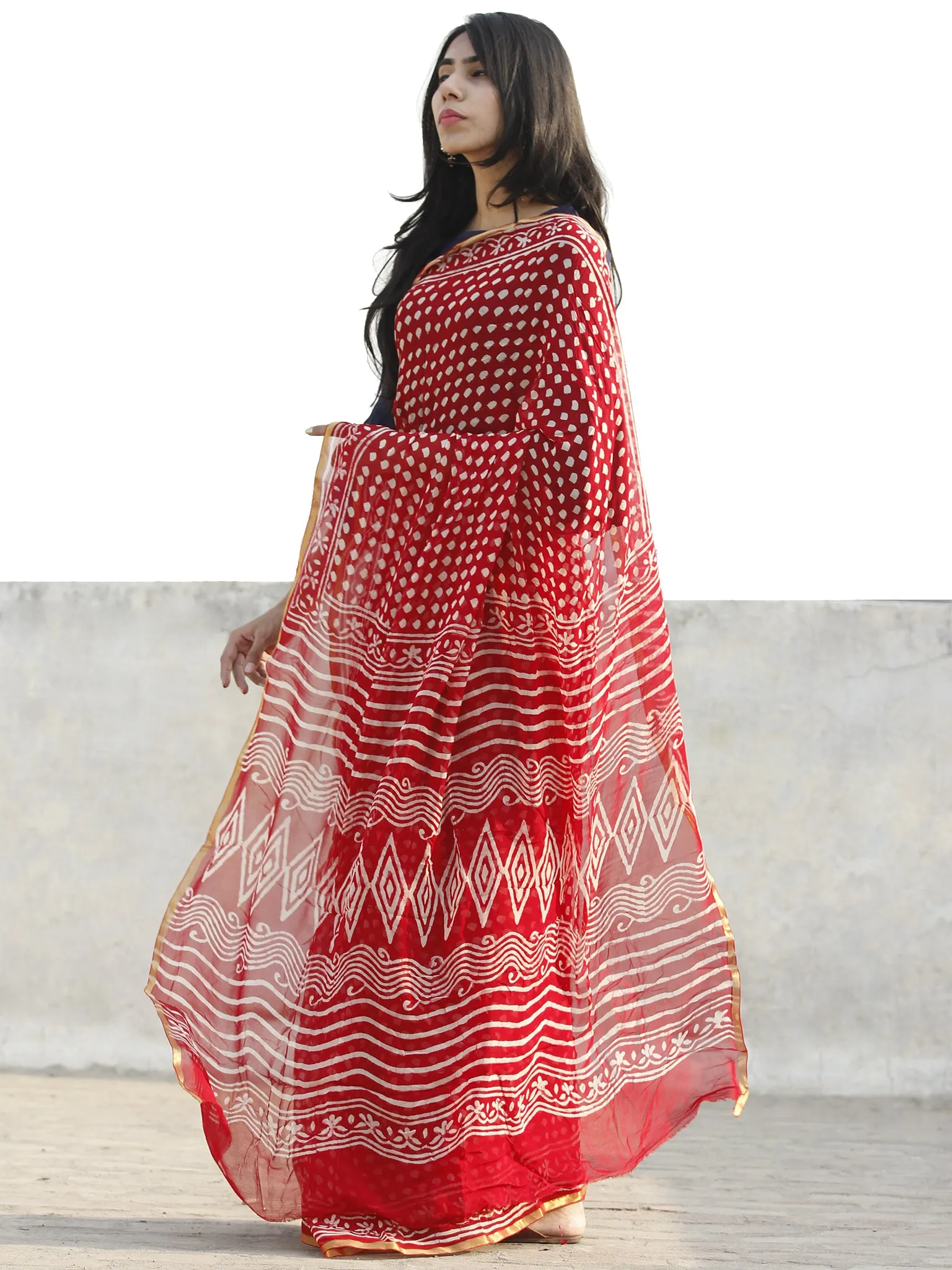 Red  White Hand Block Printed Chiffon Saree with Zari border- S031702700