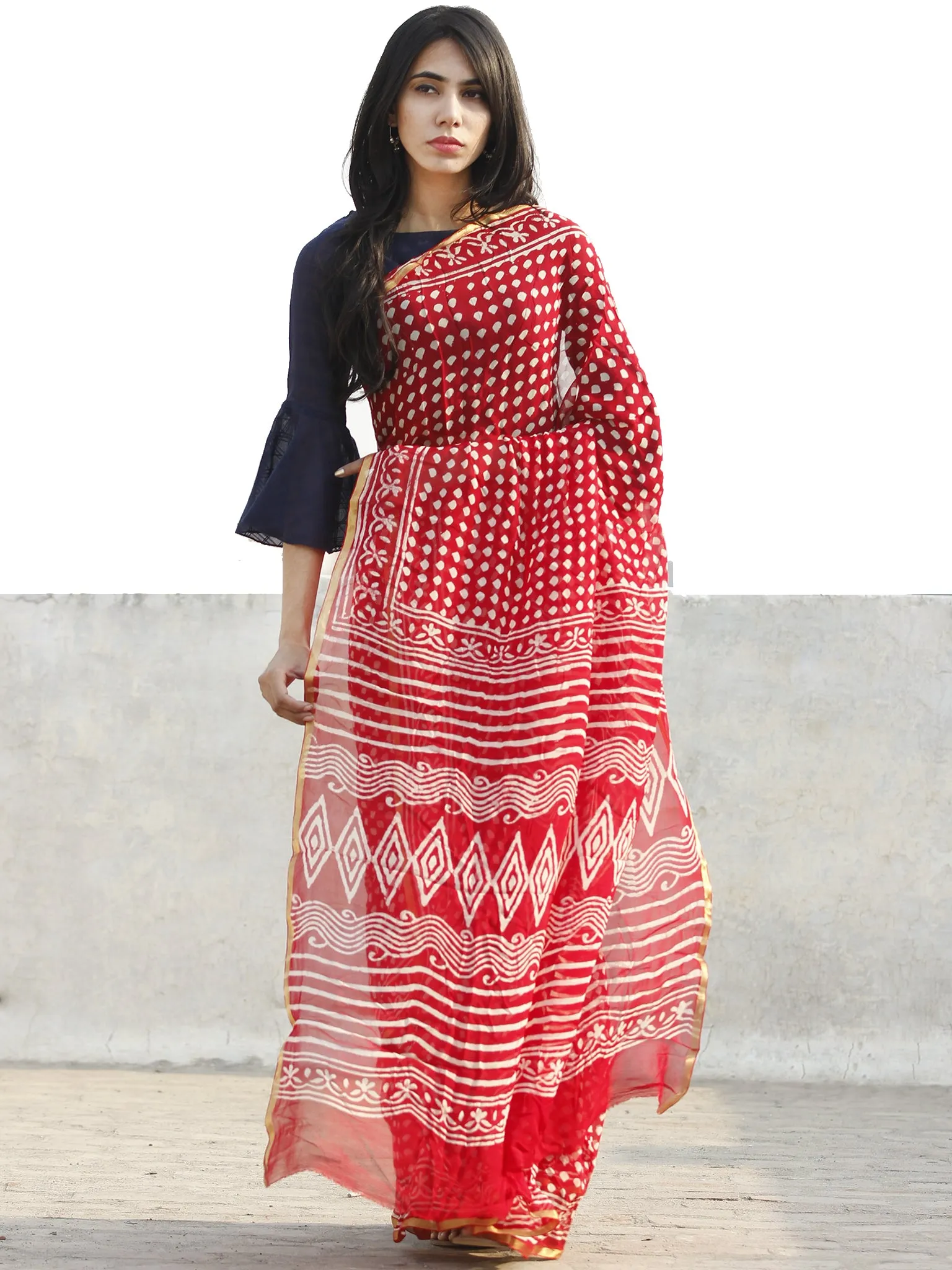 Red  White Hand Block Printed Chiffon Saree with Zari border- S031702700