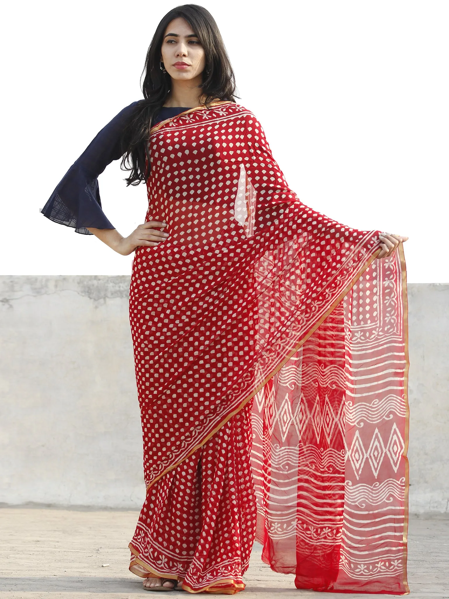 Red  White Hand Block Printed Chiffon Saree with Zari border- S031702700