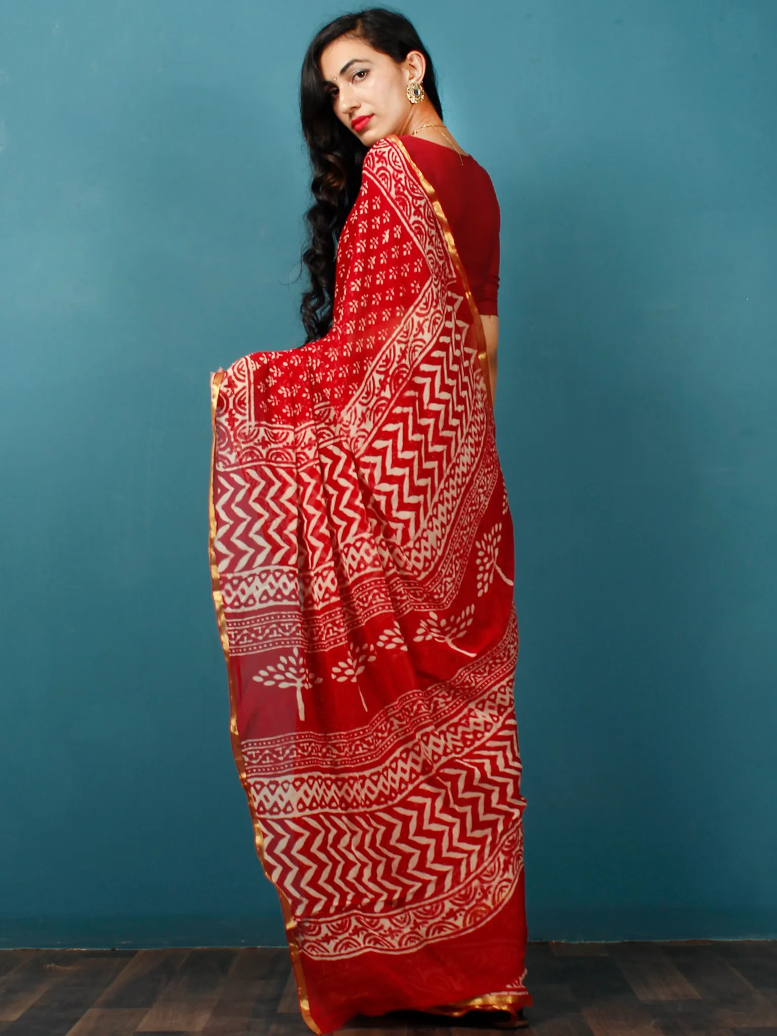 Red White Hand Block Printed Chiffon Saree with Zari Border - S031702783